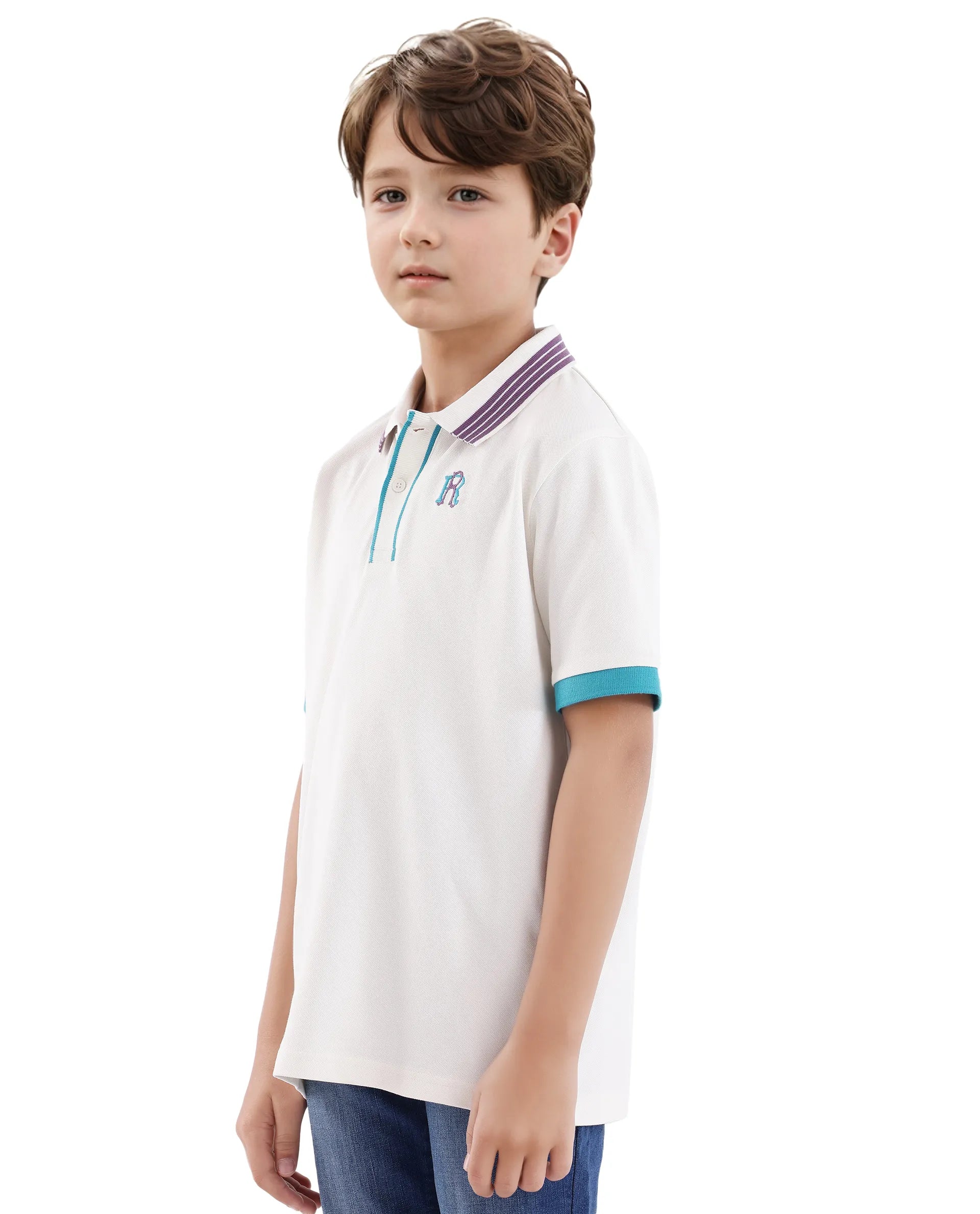 Rare Ones Kids Jef White Cotton Short Sleeve Contrasting Collar Embroidered Polo