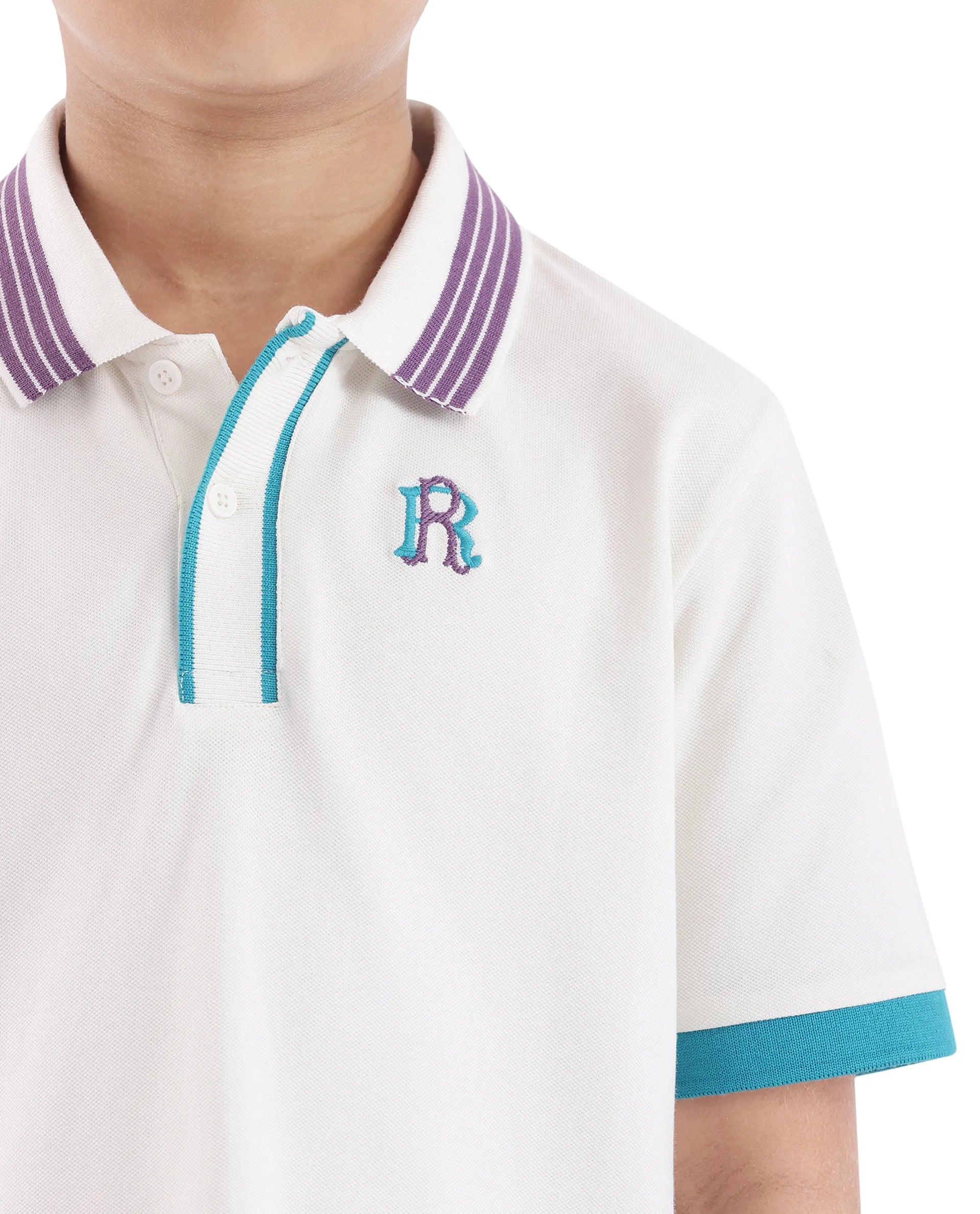 Rare Ones Kids Jef White Cotton Short Sleeve Contrasting Collar Embroidered Polo