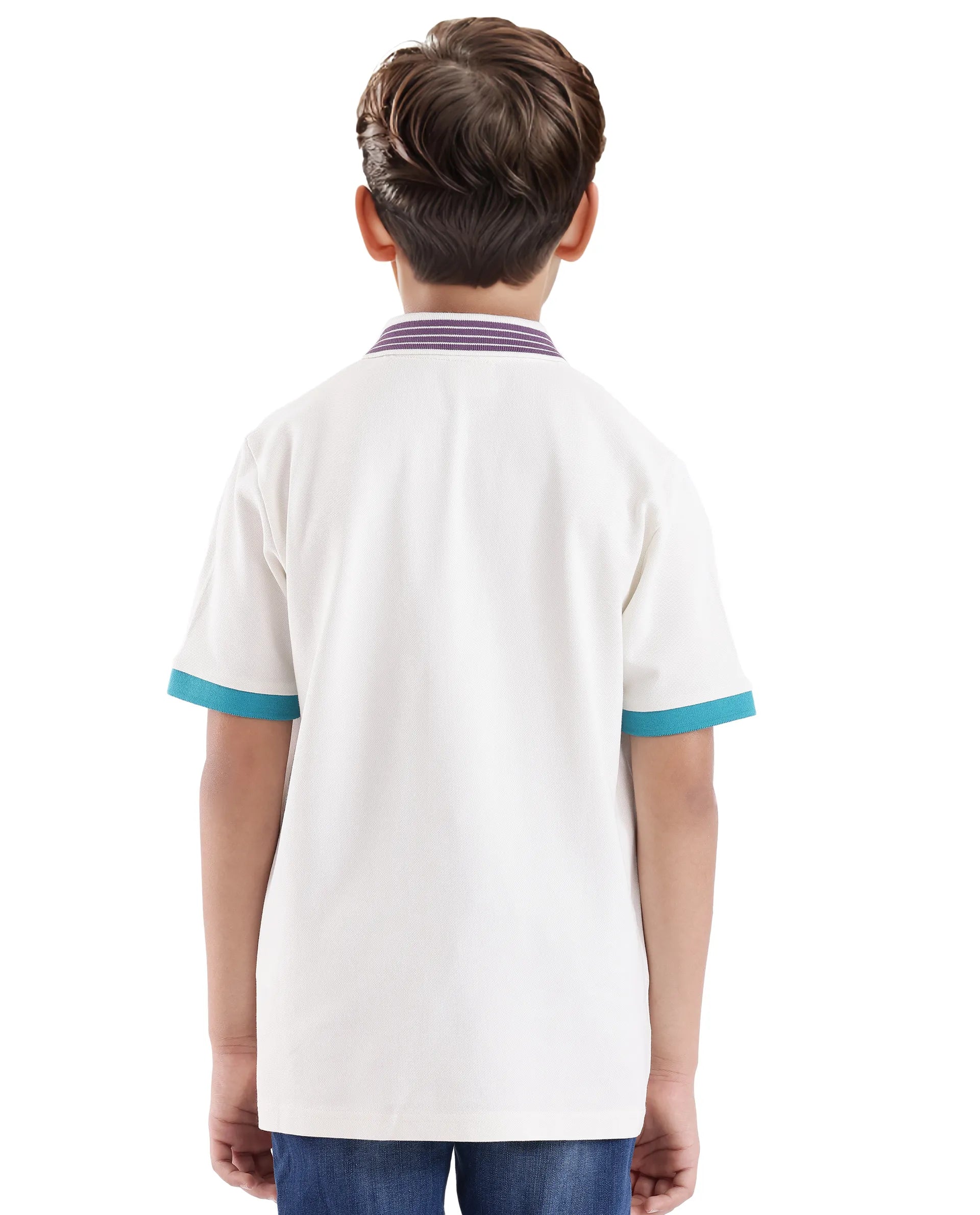 Rare Ones Kids Jef White Cotton Short Sleeve Contrasting Collar Embroidered Polo