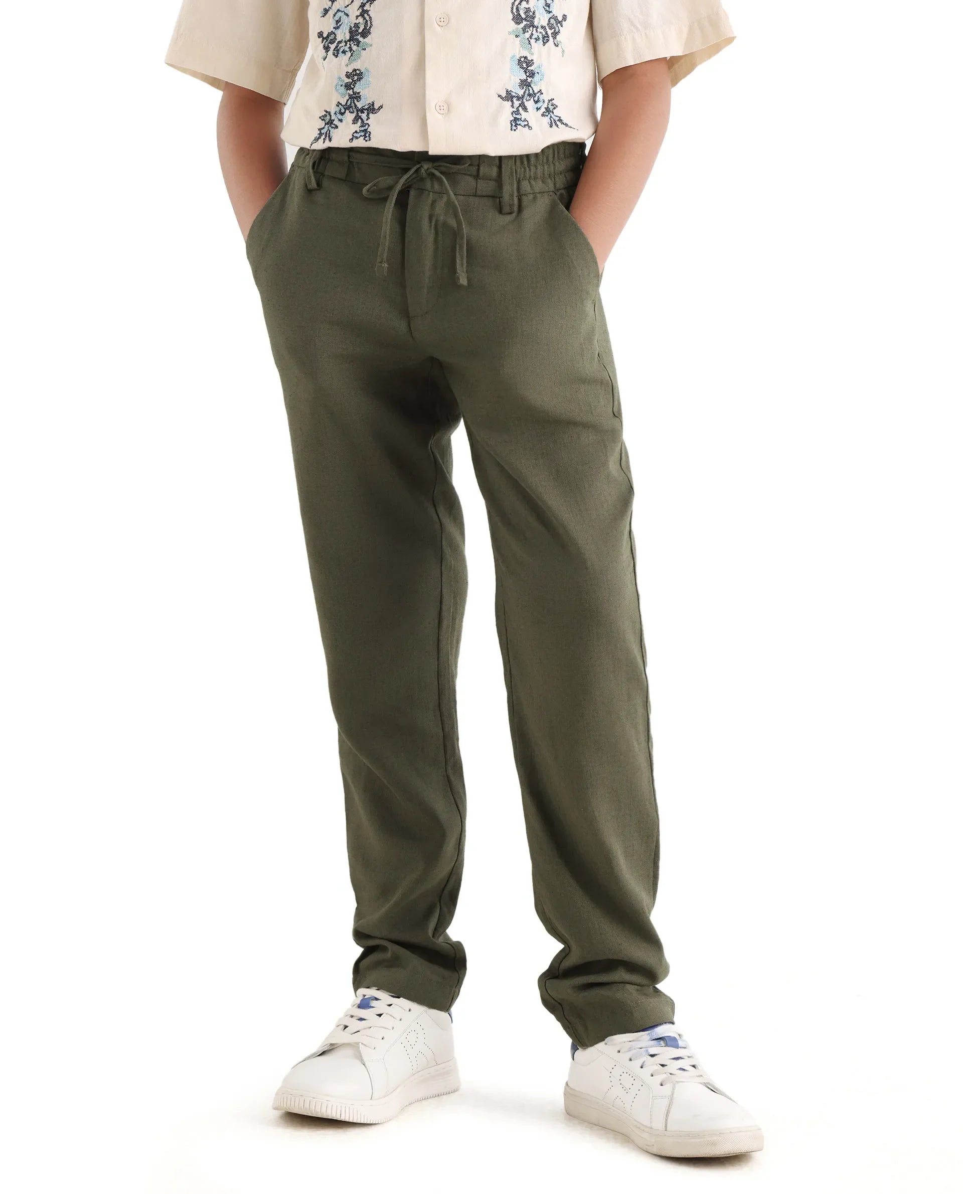 Rare Ones Kids Jomok-B Olive Linen Blend Solid Drawstring Closure Regular Fit Trouser