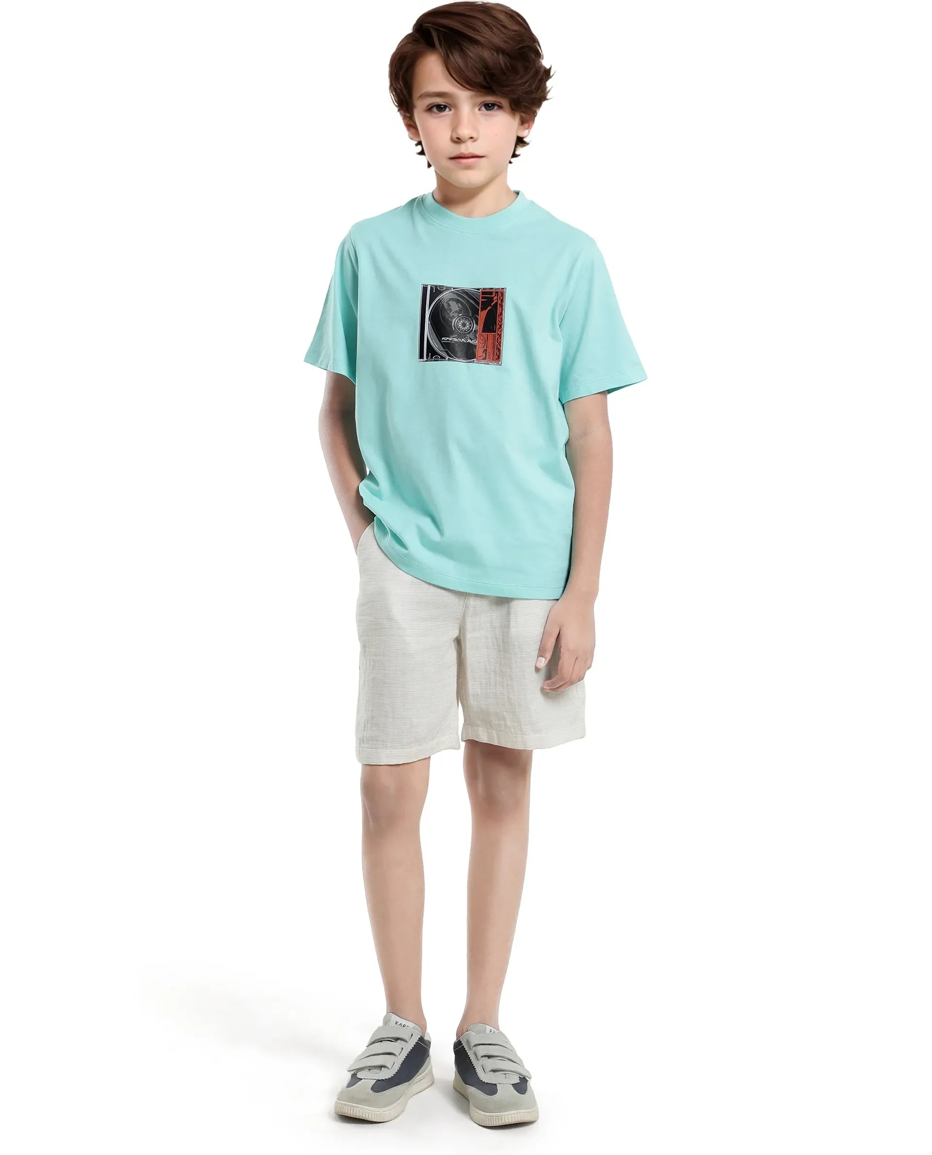 Rare Ones Kids Justr-K Pastel Turq Cotton Graphic Printed Slip-On Regular Fit T-Shirt