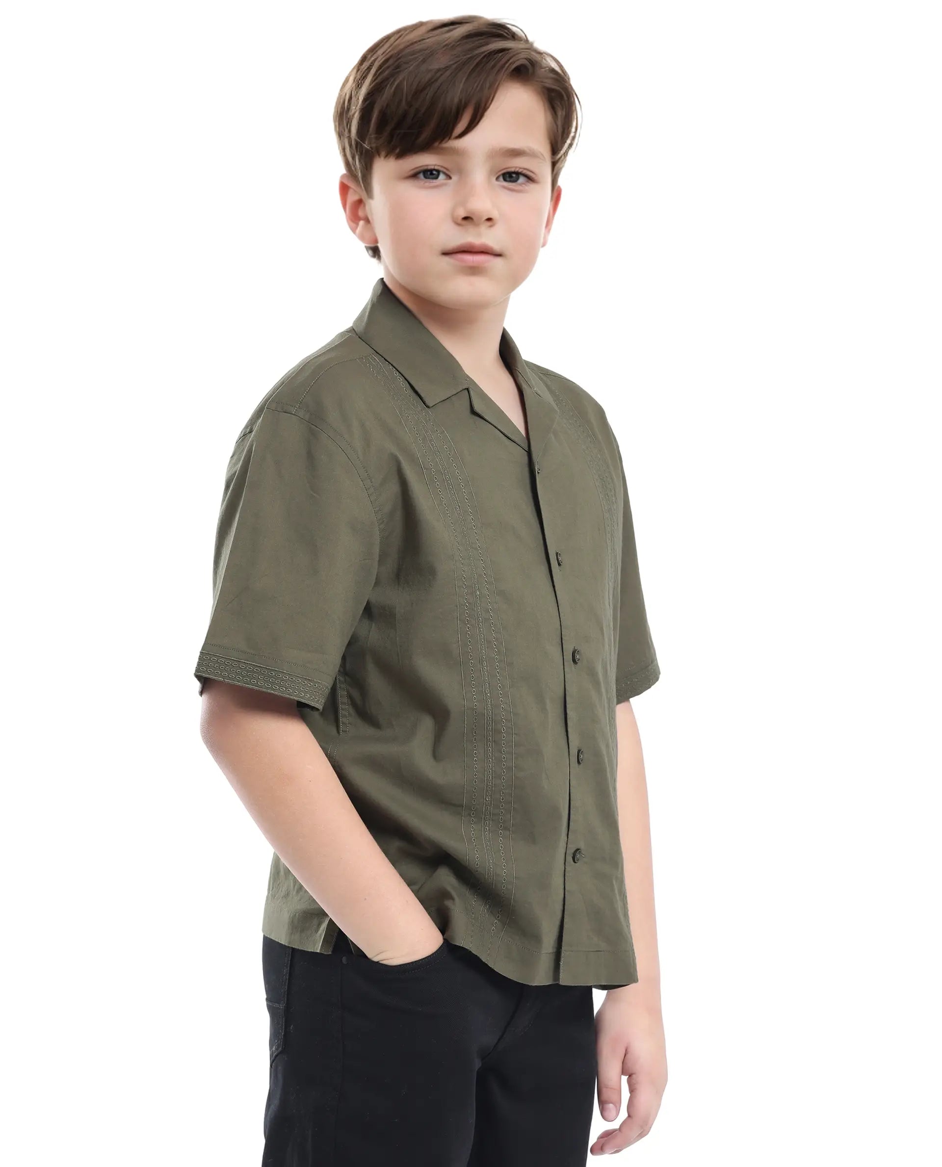 Rare Ones Kids Kyte-S Olive Cotton Blend Half Sleeve Solid Button Closure Regular Fit Shirt