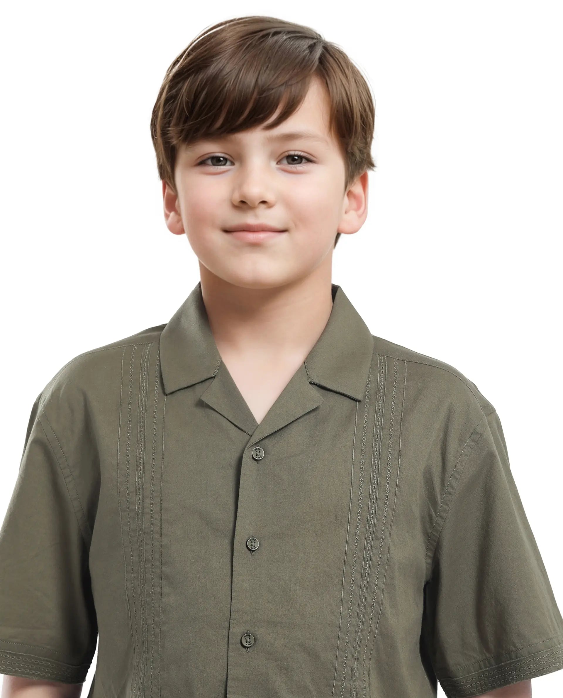 Rare Ones Kids Kyte-S Olive Cotton Blend Half Sleeve Solid Button Closure Regular Fit Shirt