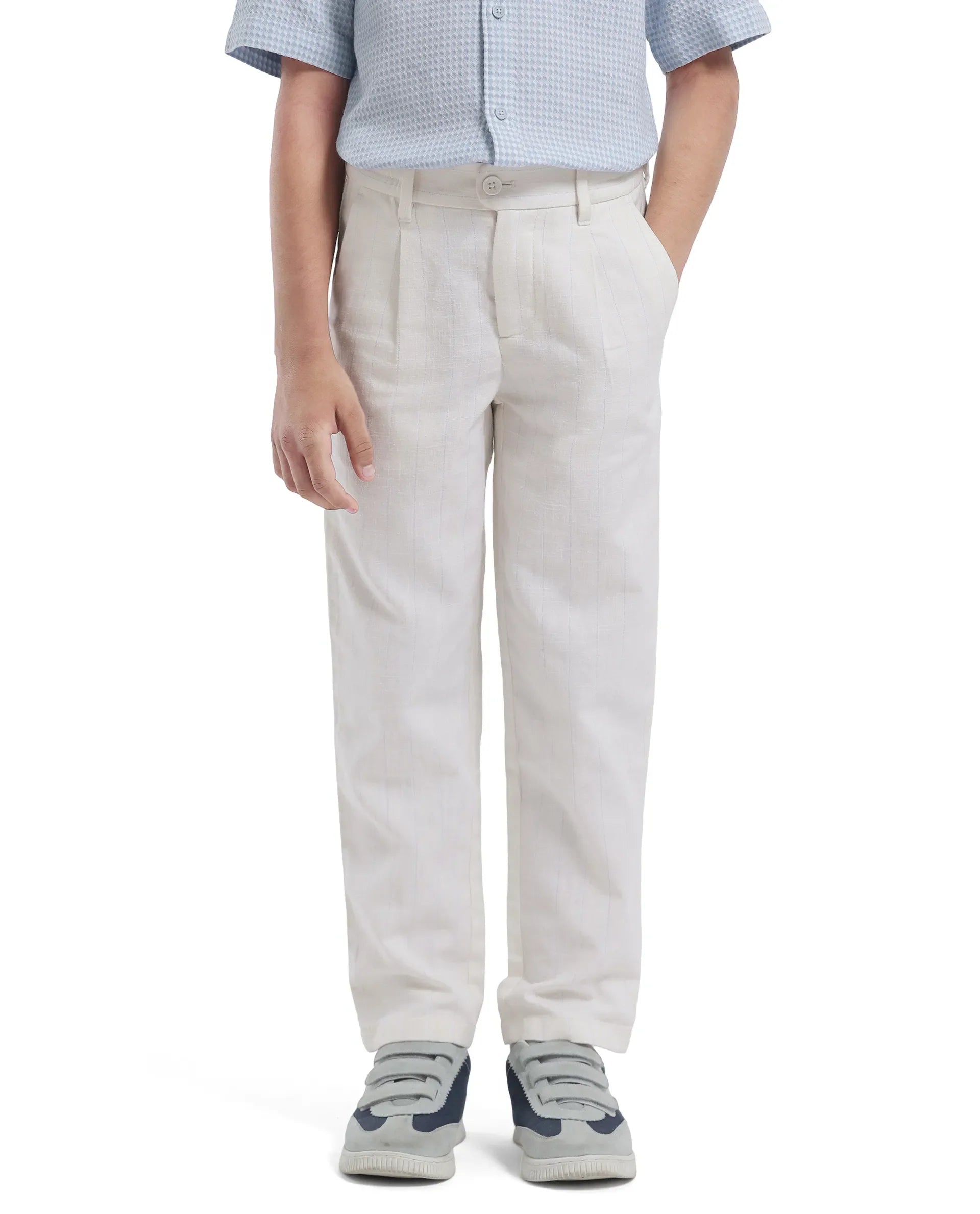 Rare Ones Kids Leo White Linen Blend Linen Blend Striped Button & Zip Closure Regular Fit Trouser