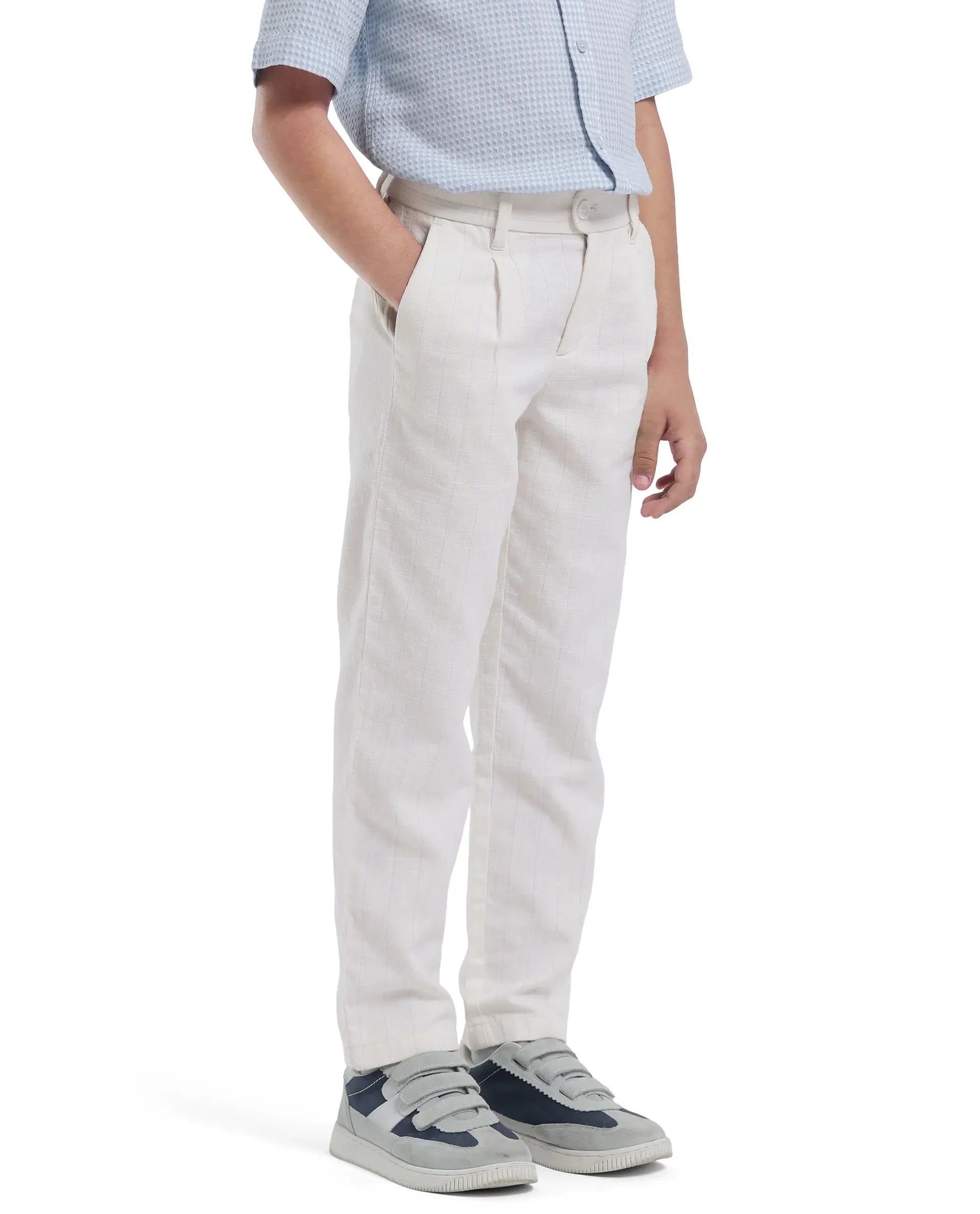 Rare Ones Kids Leo White Linen Blend Linen Blend Striped Button & Zip Closure Regular Fit Trouser