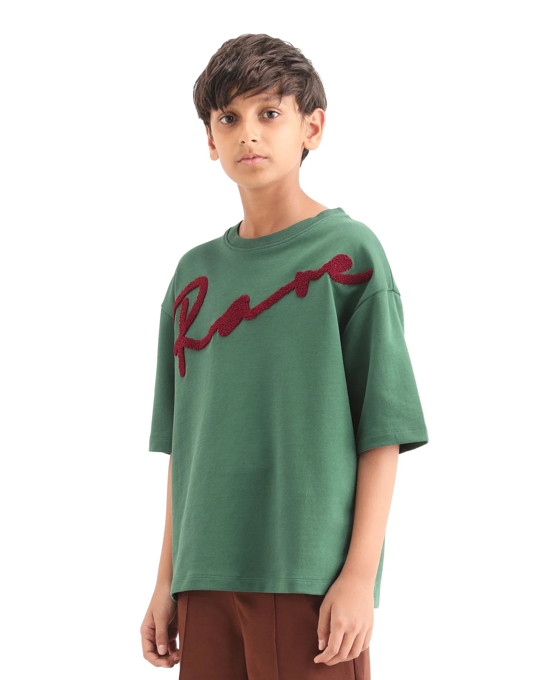 Rare Ones Kids Lerc-K Green Cotton Blend Fabric Pull-On Closure Terry Embroidery Oversized Fit T-Shirt