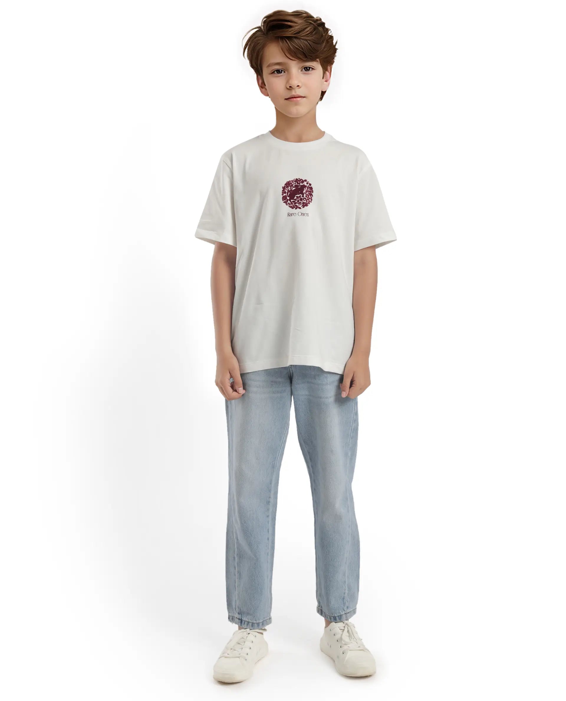 Rare Ones Kids Makes White Cotton Half Sleeves Crew Neck Embroidered T-Shirt