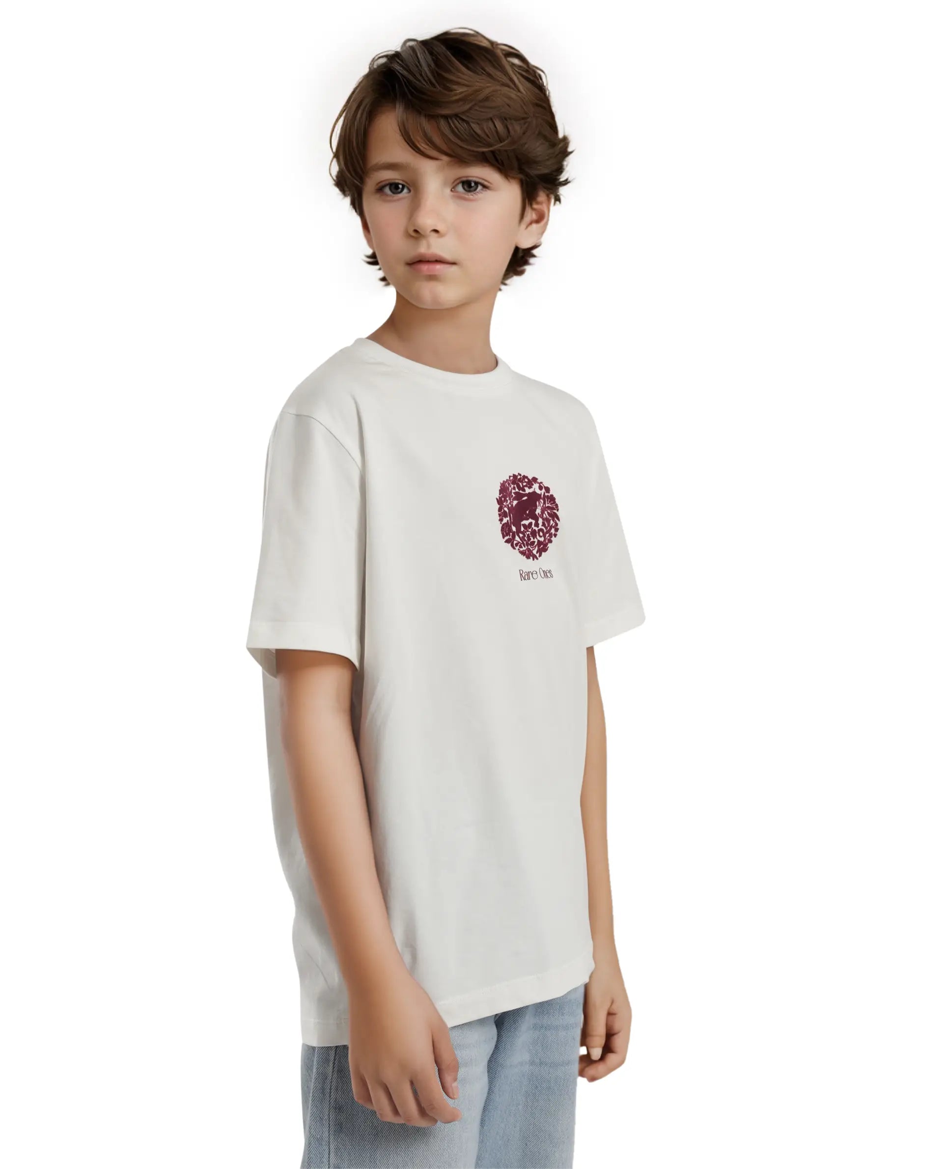 Rare Ones Kids Makes White Cotton Half Sleeves Crew Neck Embroidered T-Shirt