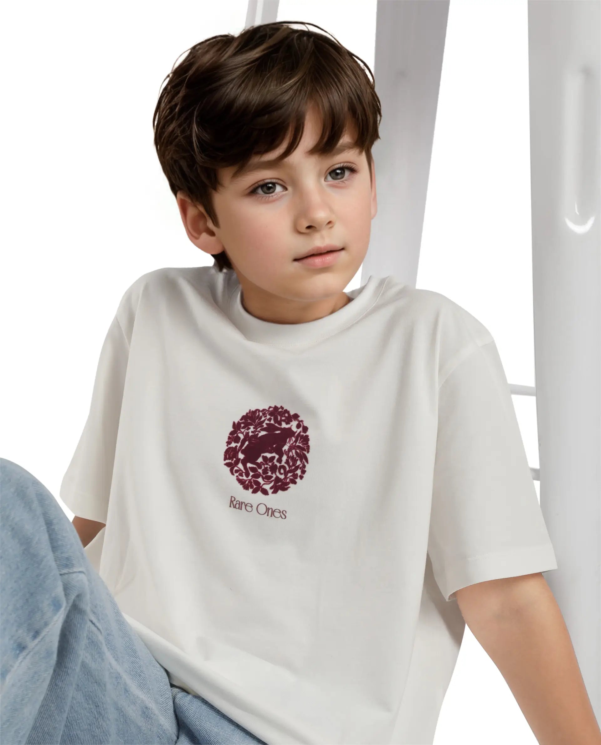 Rare Ones Kids Makes White Cotton Half Sleeves Crew Neck Embroidered T-Shirt