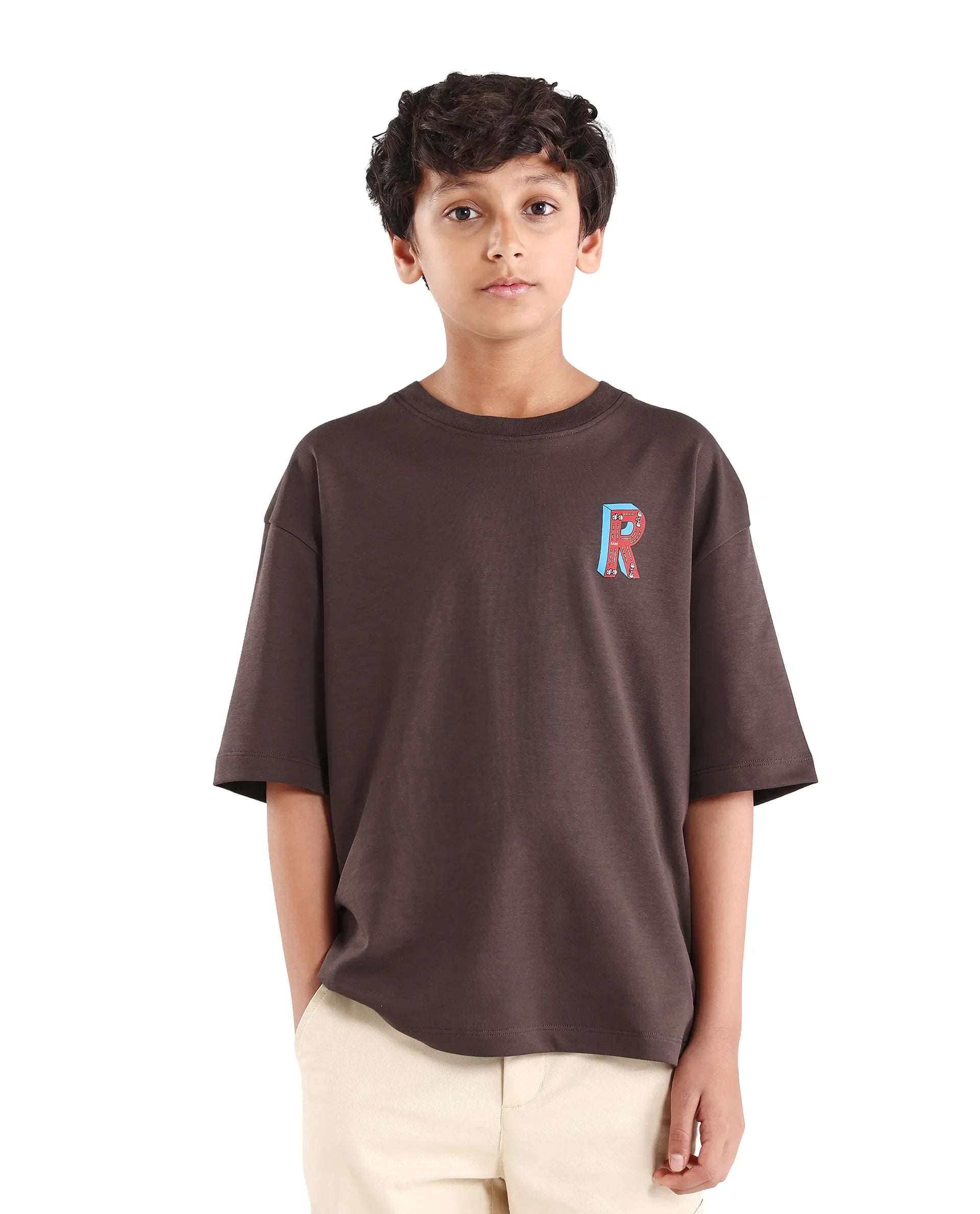 Rare Ones Kids Odin Dark Brown Cotton Pull-On Closure Puff Print Boxy Fit T-Shirt