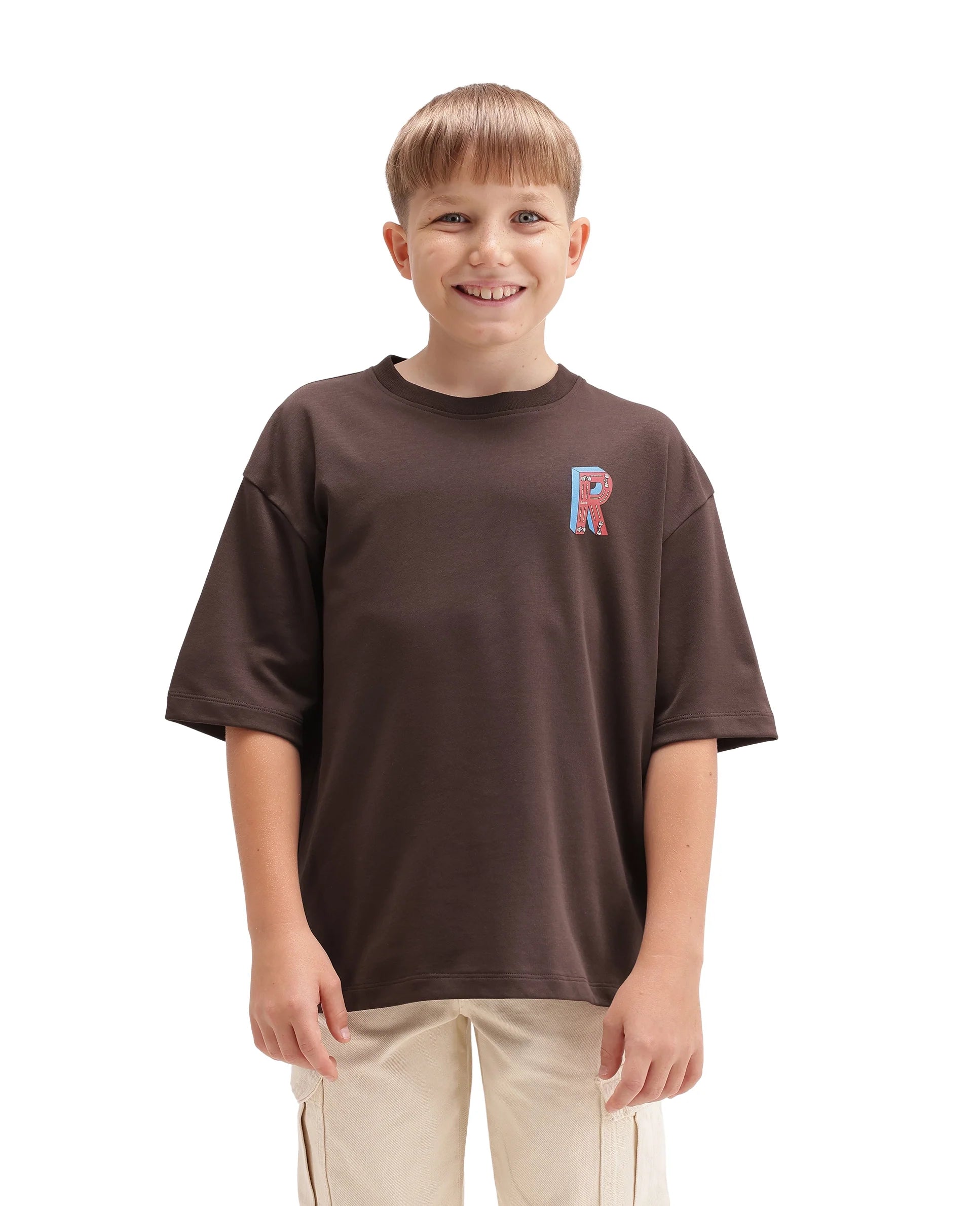 Rare Ones Kids Odin Dark Brown Cotton Pull-On Closure Puff Print Boxy Fit T-Shirt
