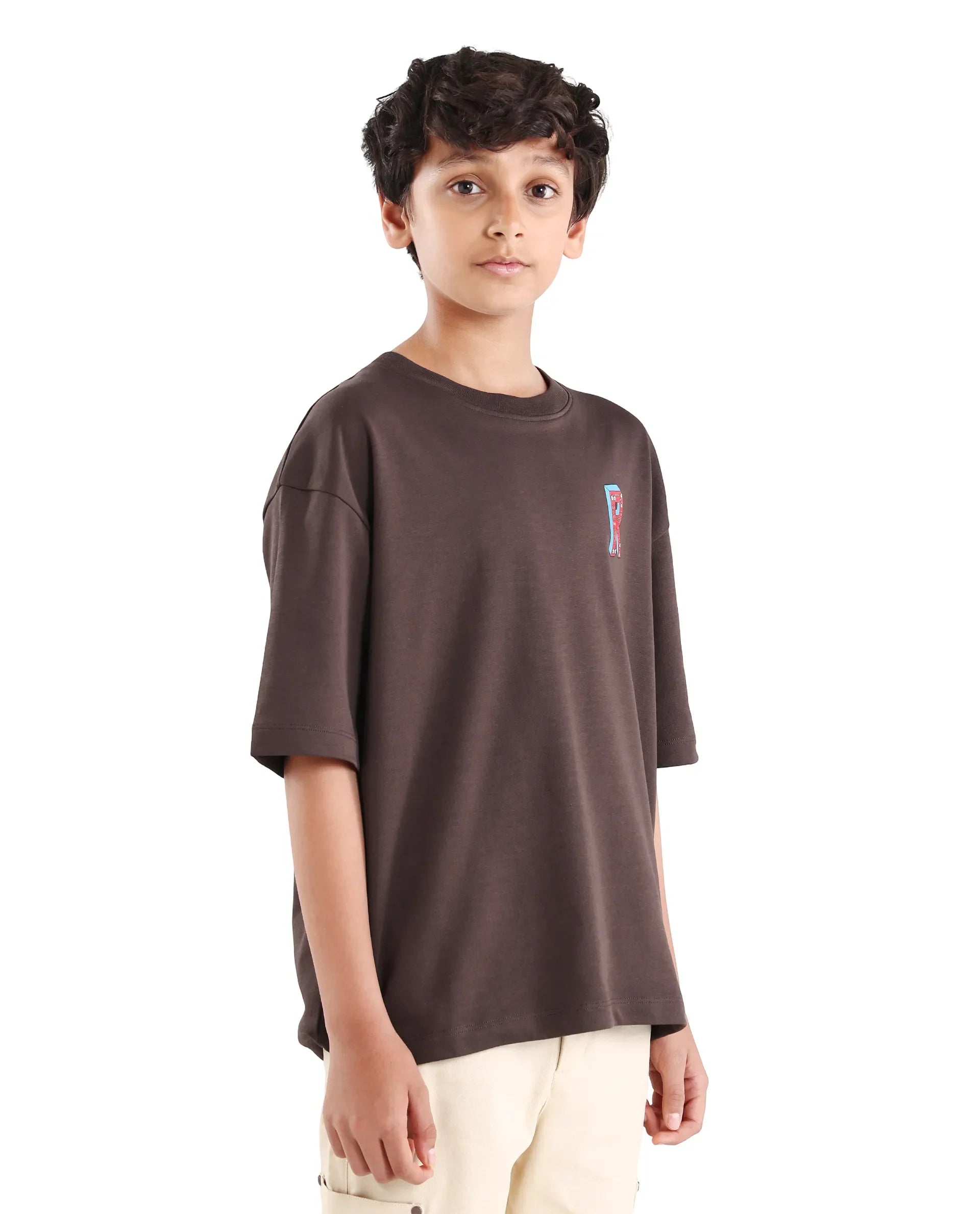 Rare Ones Kids Odin Dark Brown Cotton Pull-On Closure Puff Print Boxy Fit T-Shirt