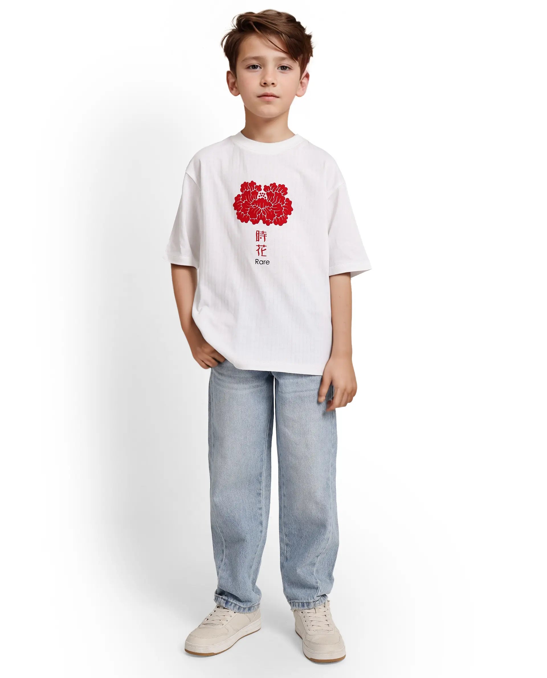 Rare Ones Kids Orel White Cotton Half Sleeves Oversized Fit Crew Neck Graphic Print T-Shirt