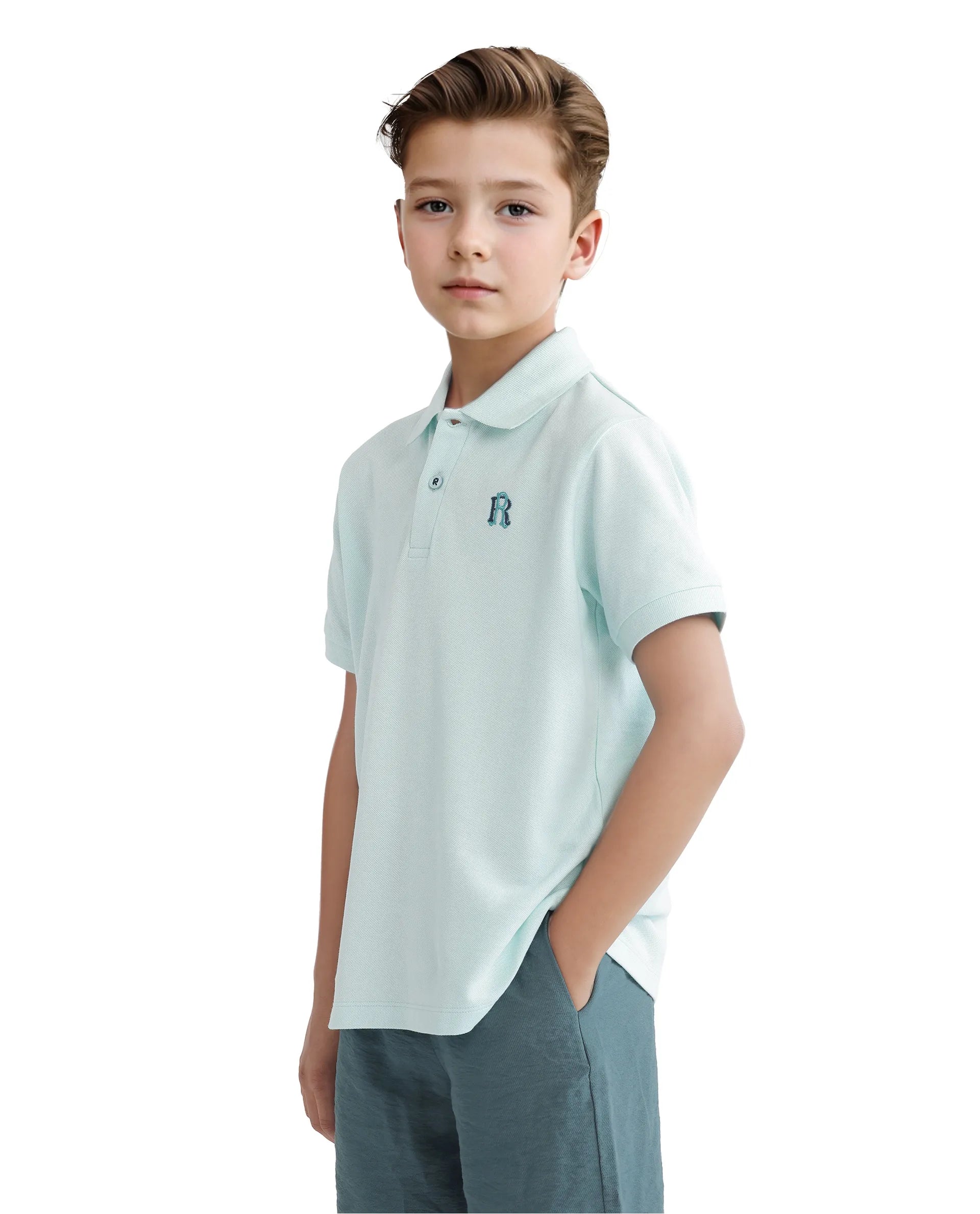 Rare Ones Kids Orik Light Turq Cotton Short Sleeve Embroidered Regular Fit Polo