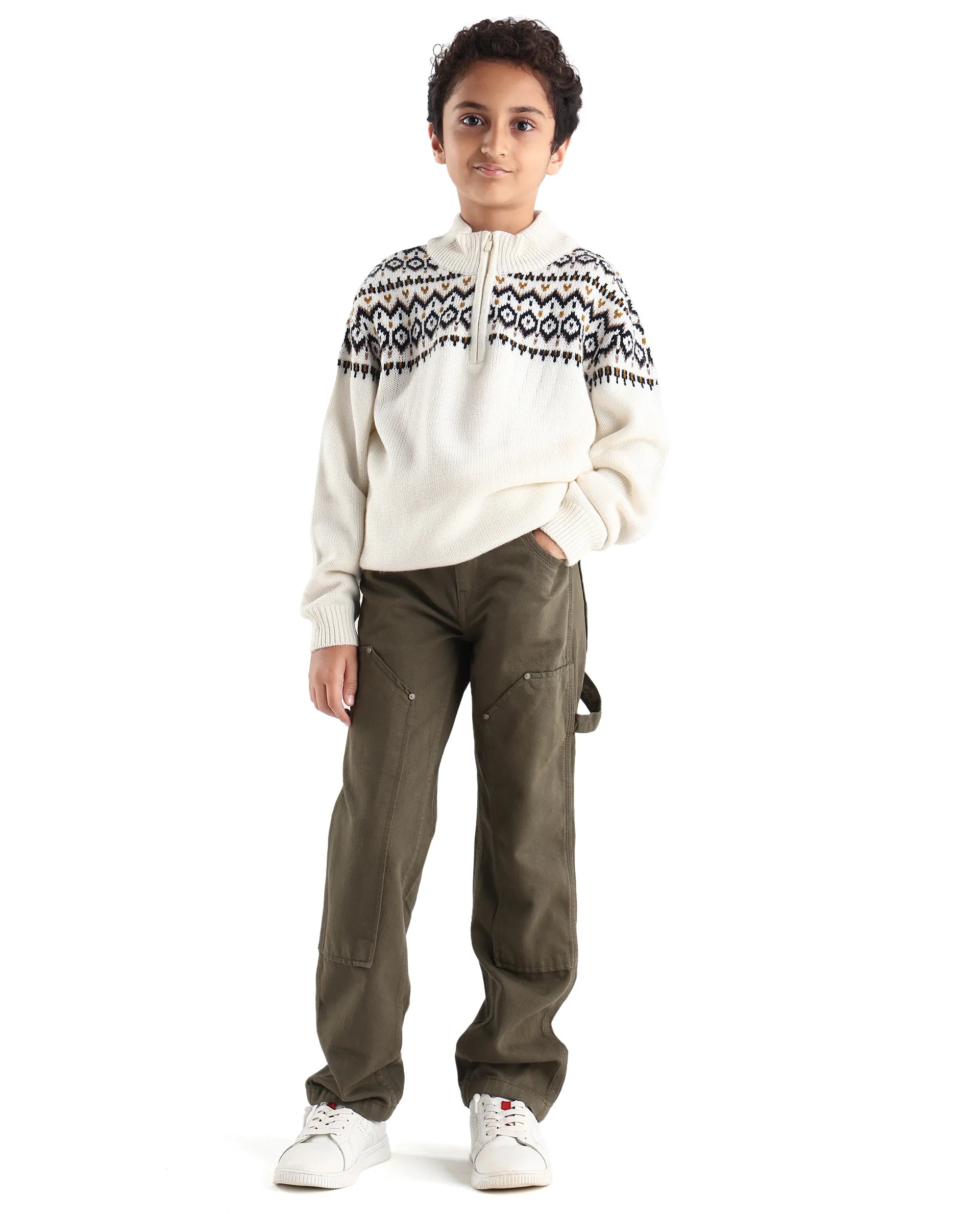 Rare Ones Kids Pato Off White Cotton Solid Slip-On Closure Relaxed Fit Sweater