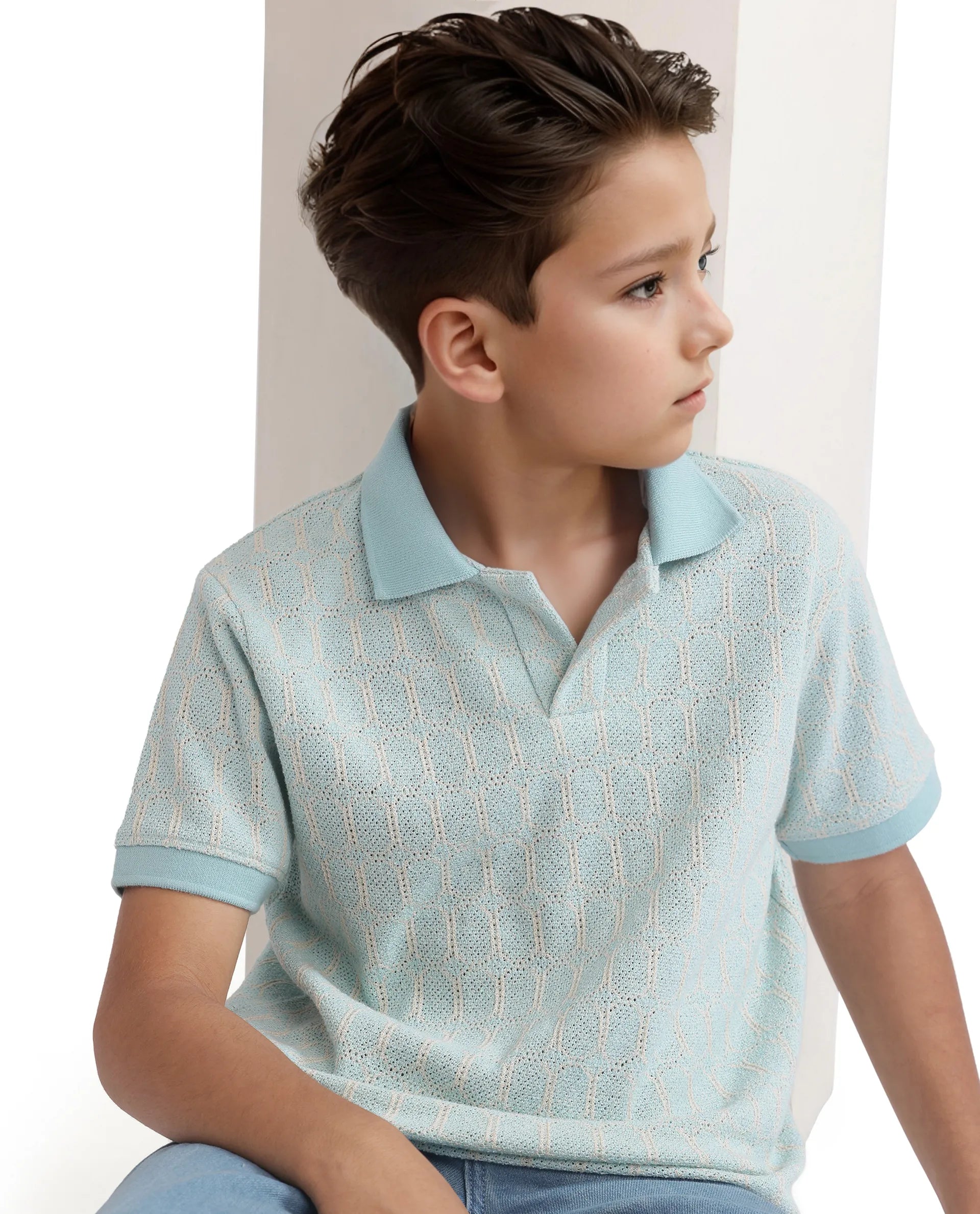 Rare Ones Kids Rivo Light Blue Cotton Blend Half Sleeve Plain Polo