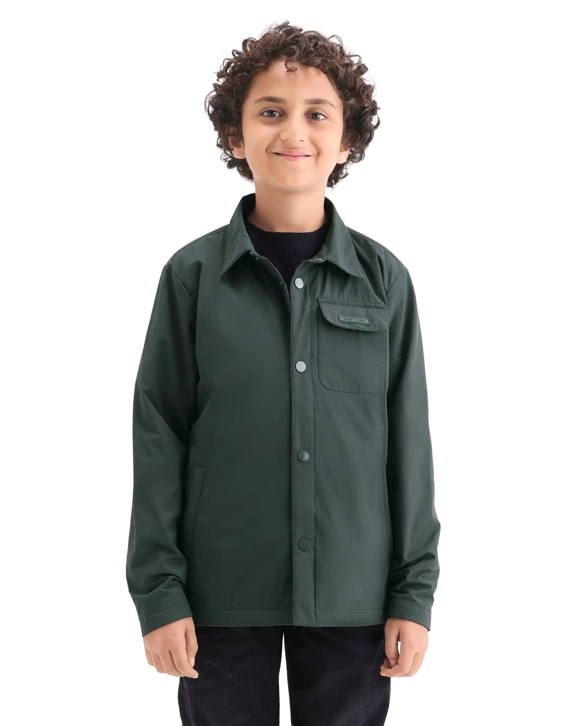 Rare Ones Kids Fagu-K Green Polyester Button Closure Flat Collar Plain Full Sleeves Regular Fit Jacket