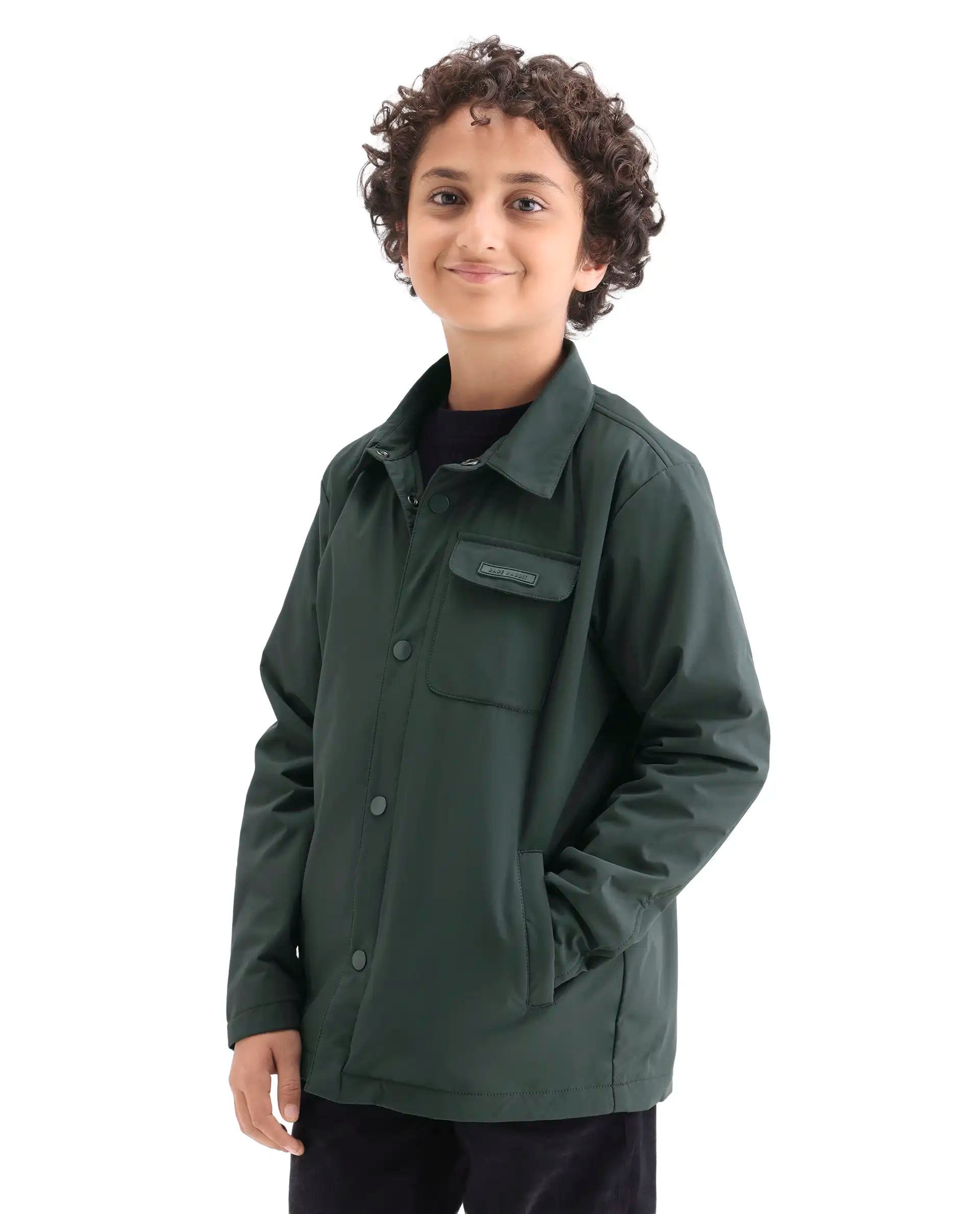 Rare Ones Kids Fagu-K Green Polyester Button Closure Flat Collar Plain Full Sleeves Regular Fit Jacket