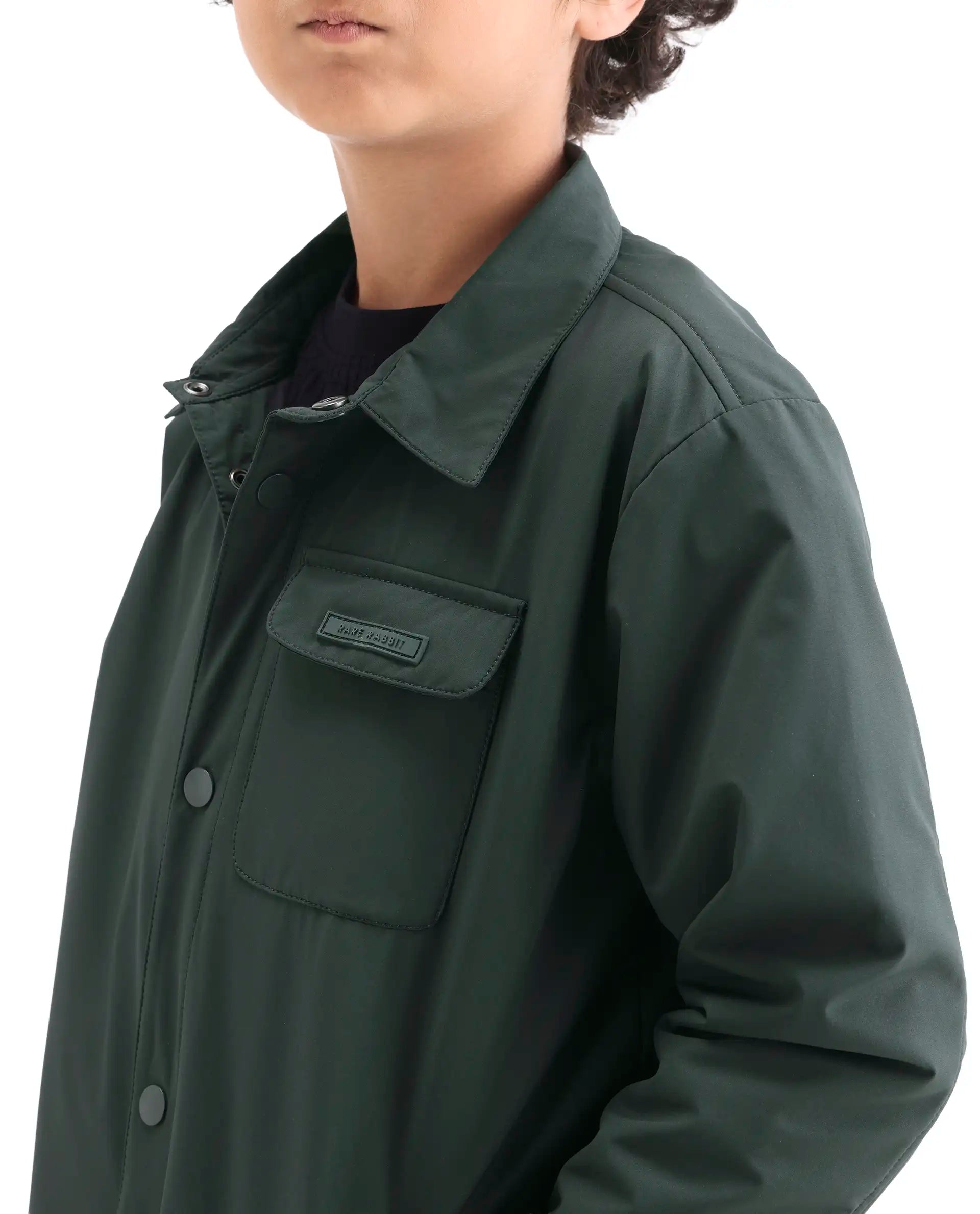 Rare Ones Kids Fagu-K Green Polyester Button Closure Flat Collar Plain Full Sleeves Regular Fit Jacket