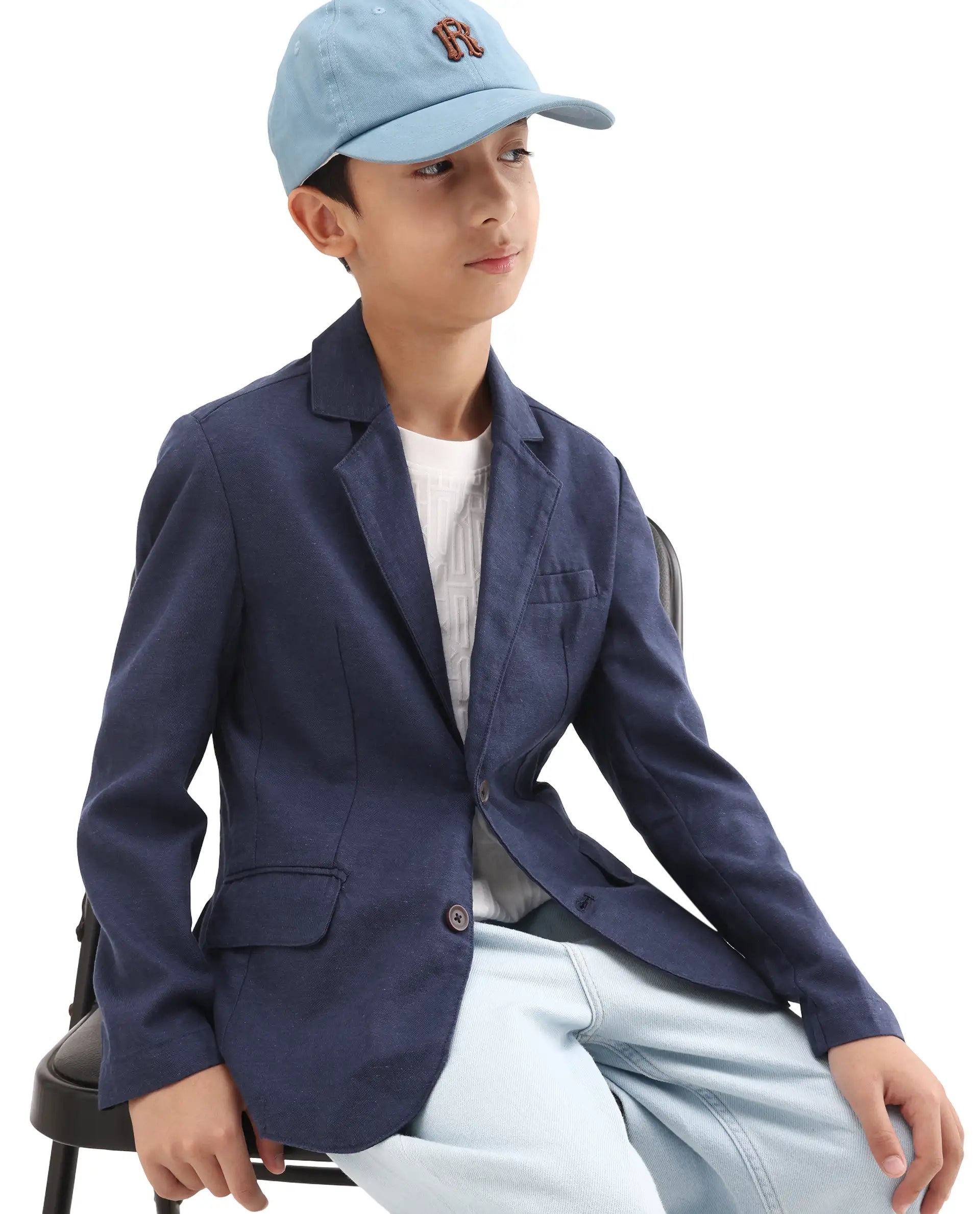 Rare Ones Kids Watson Navy Linen Blend Solid Button Closure Tailored Fit Blazer