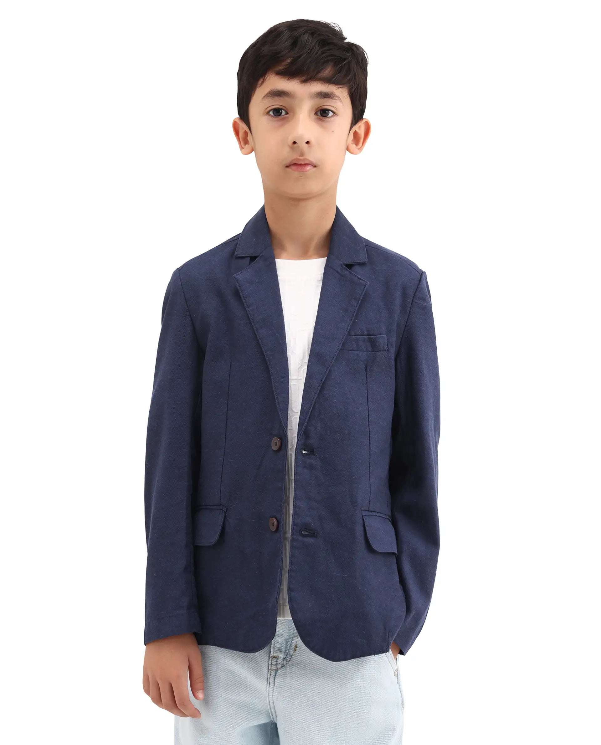 Rare Ones Kids Watson Navy Linen Blend Solid Button Closure Tailored Fit Blazer