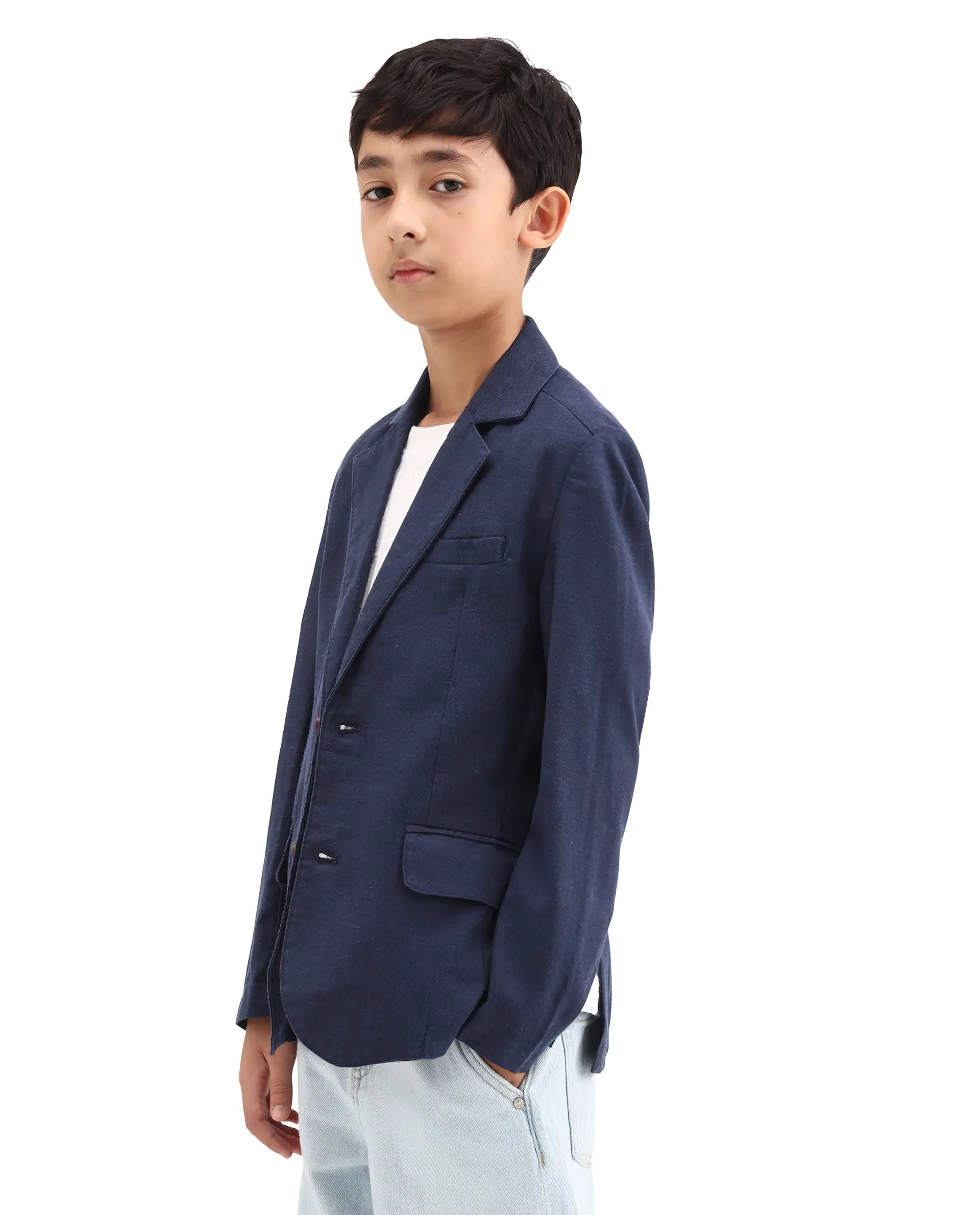 Rare Ones Kids Watson Navy Linen Blend Solid Button Closure Tailored Fit Blazer