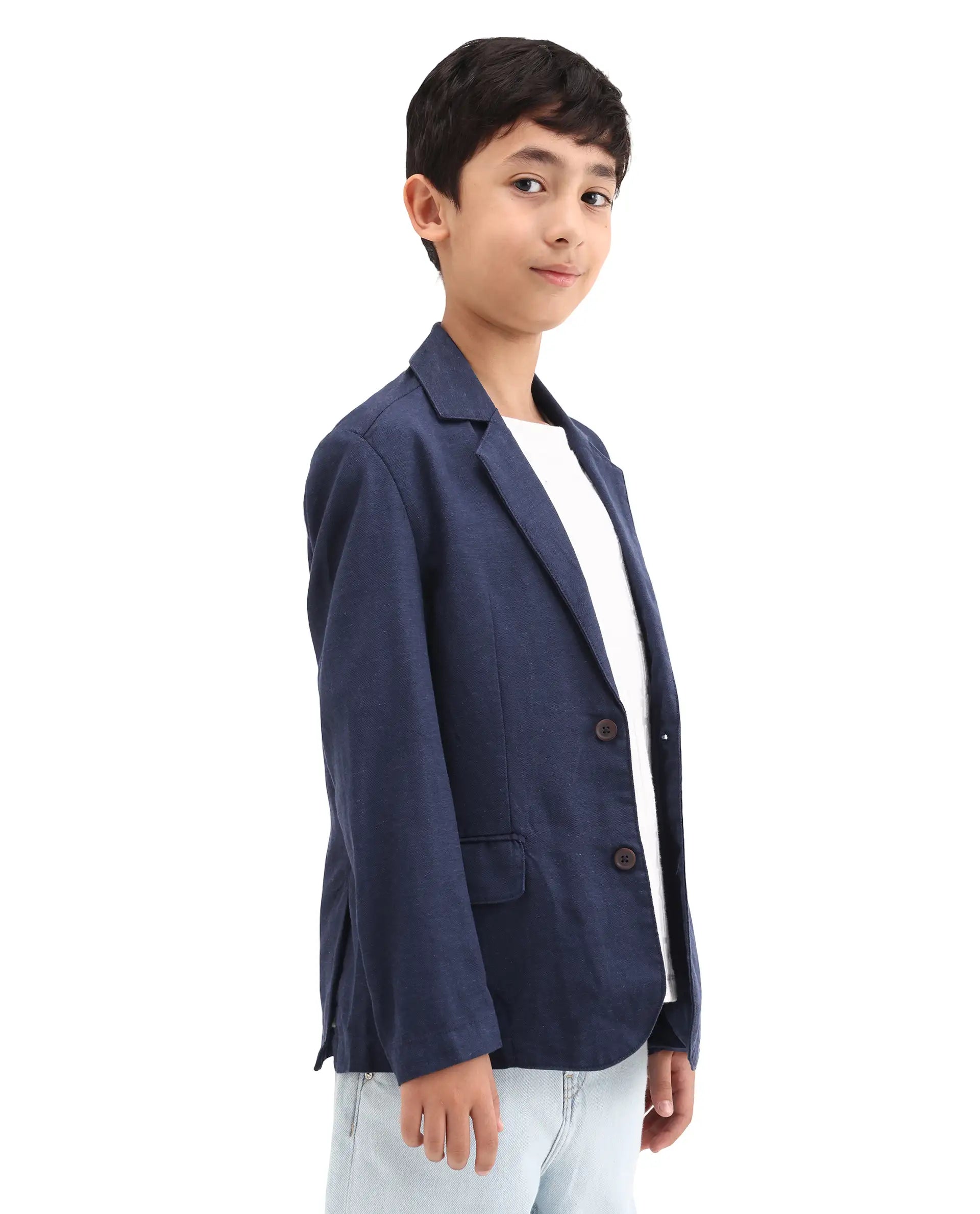 Rare Ones Kids Watson Navy Linen Blend Solid Button Closure Tailored Fit Blazer
