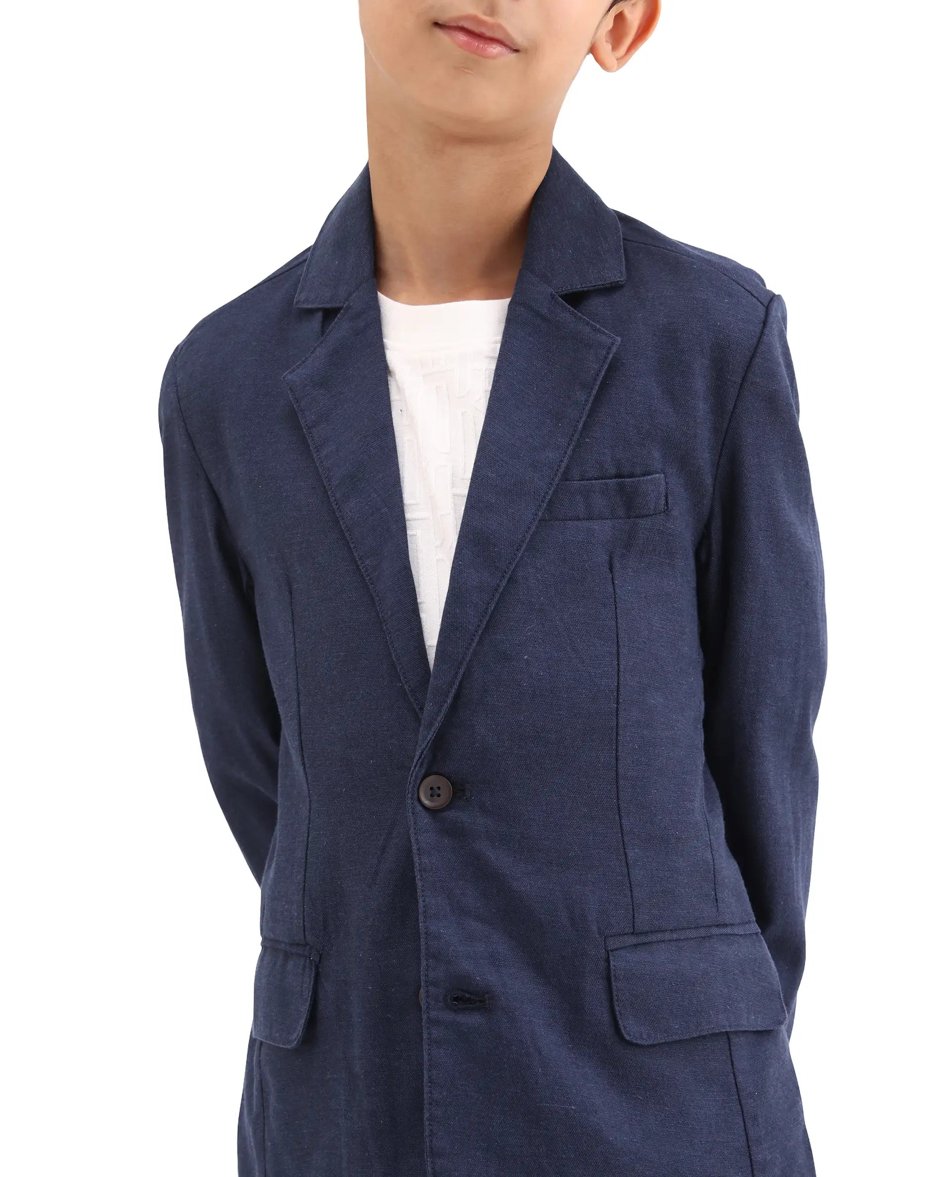 Rare Ones Kids Watson Navy Linen Blend Solid Button Closure Tailored Fit Blazer