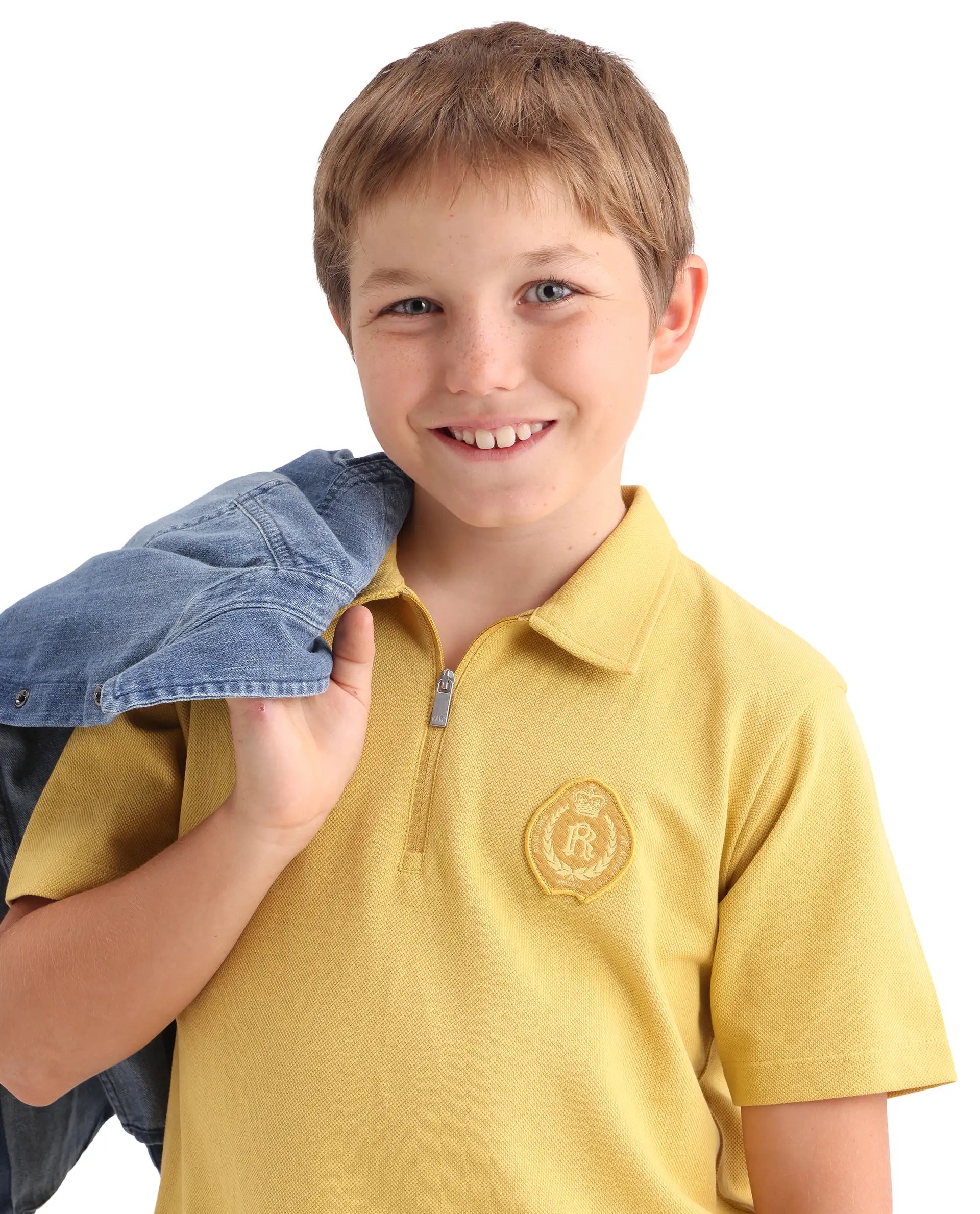 Rare Ones Kids Crown Yellow Cotton Fabric Applique Zipper Closure Regular Fit Polo