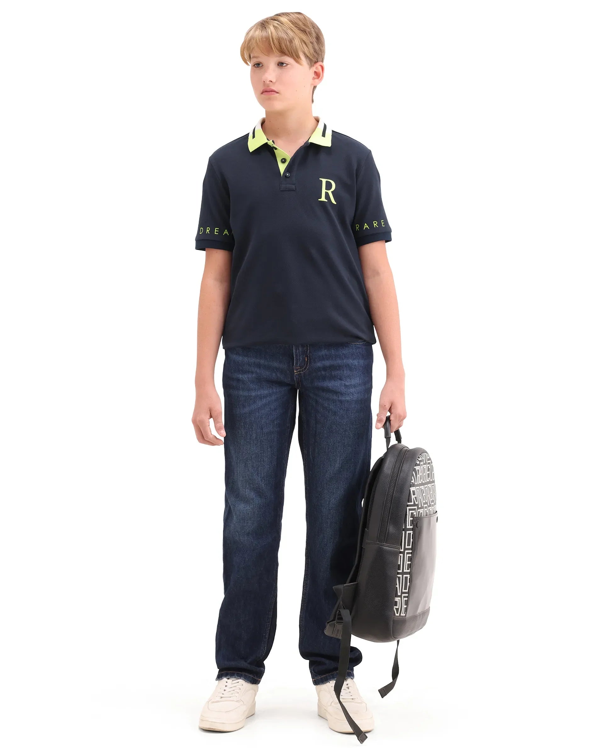Rare Ones Kids Lura Navy Cotton Button Closure Pigment Print Regular Fit Polo