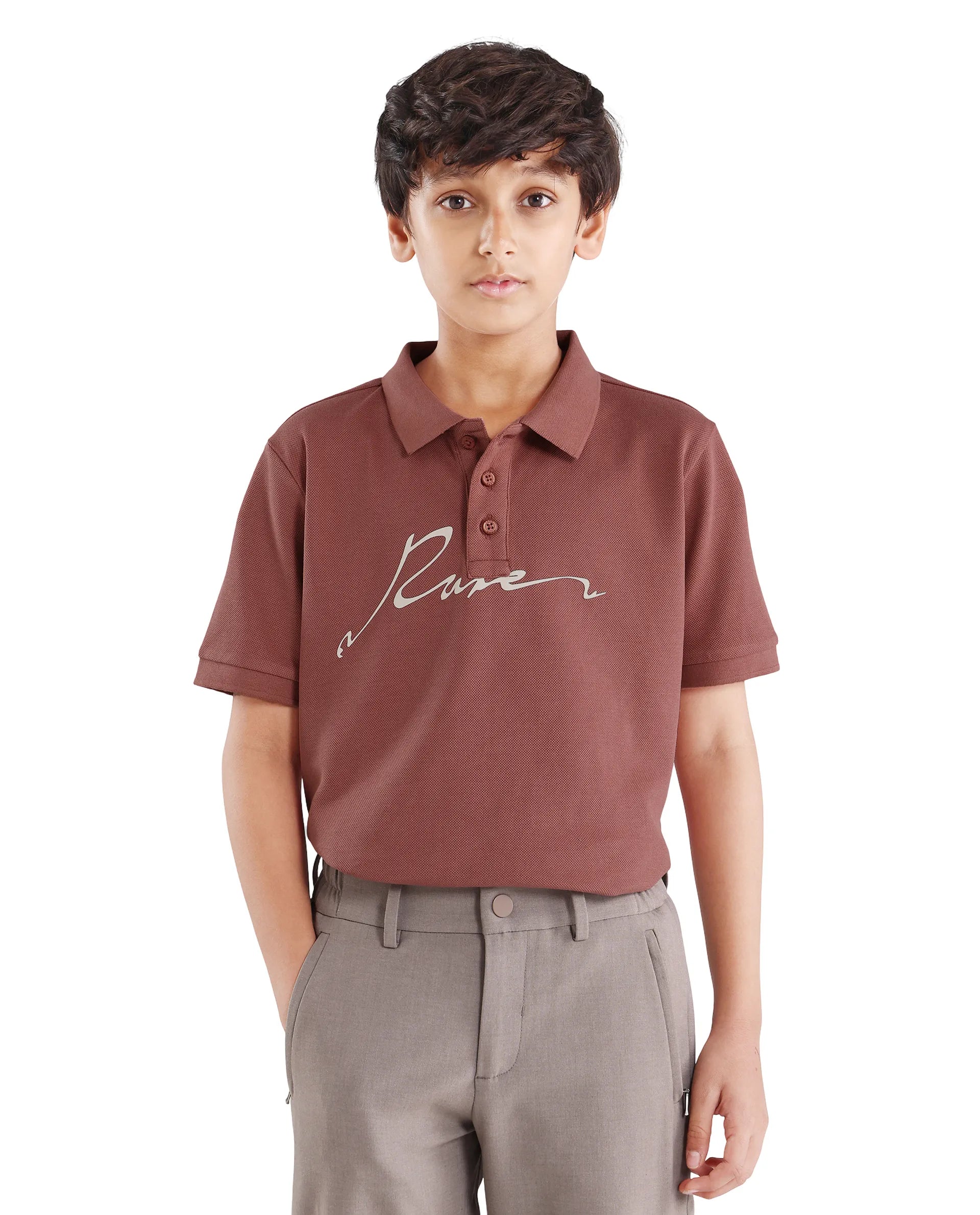 Rare Ones Kids Avir Dusky Red Cotton Button Closure Hd Print Regular Fit Polo