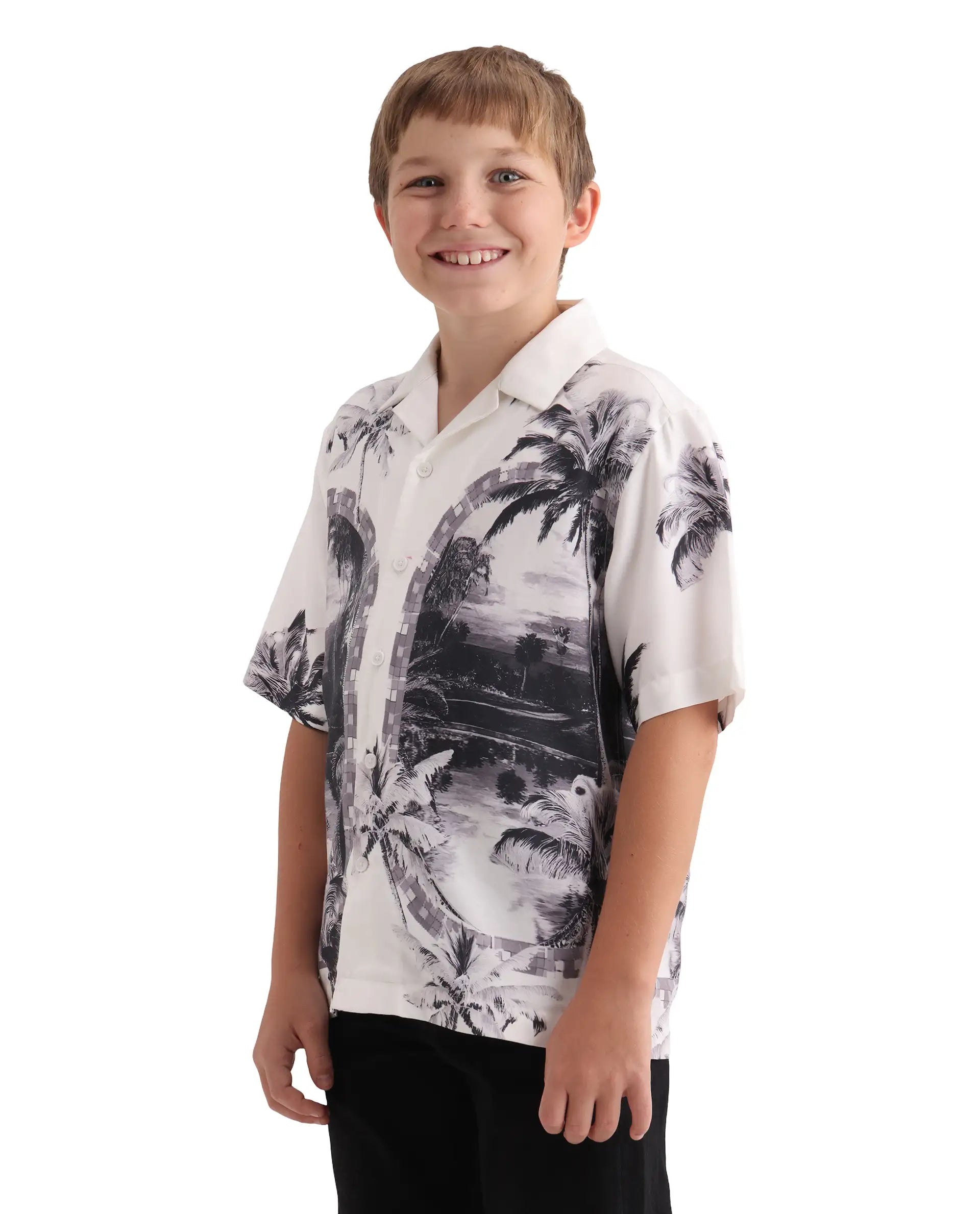 Rare Ones Kids Vacay White Cotton Blend Fabric Button Closure Boxy Fit Shirt