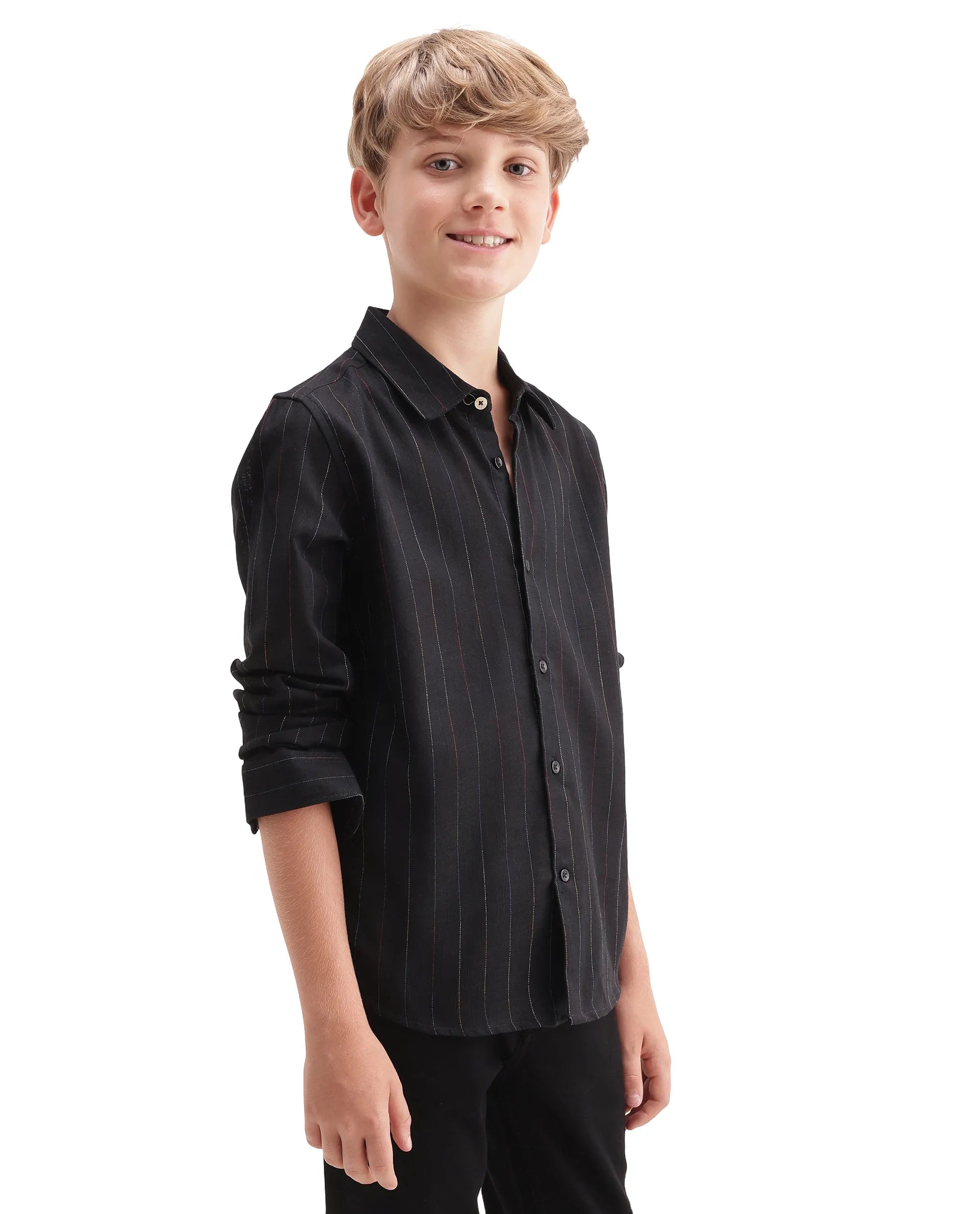 Rare Ones Kids Volc Black Lyocell Blend Button Closure Regular Fit Shirt