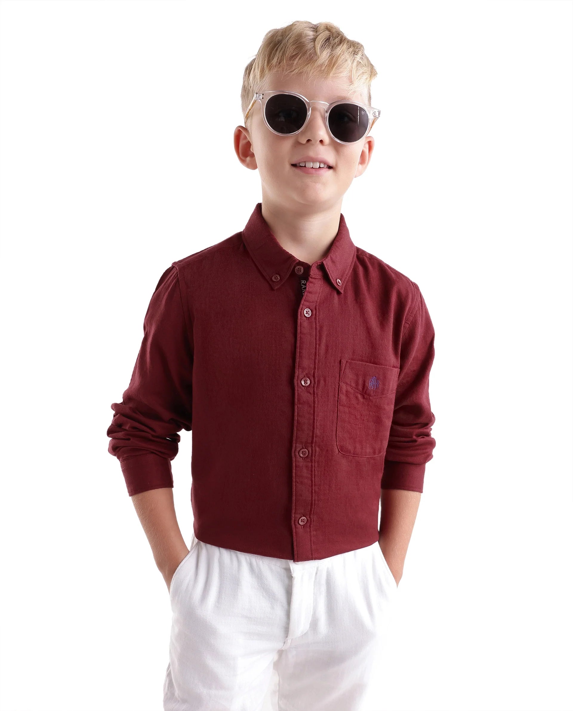 Rare Ones Kids Layerr-Fs-K -Aw26 Red Cotton Fabric Button Closure Regular Plain Shirt