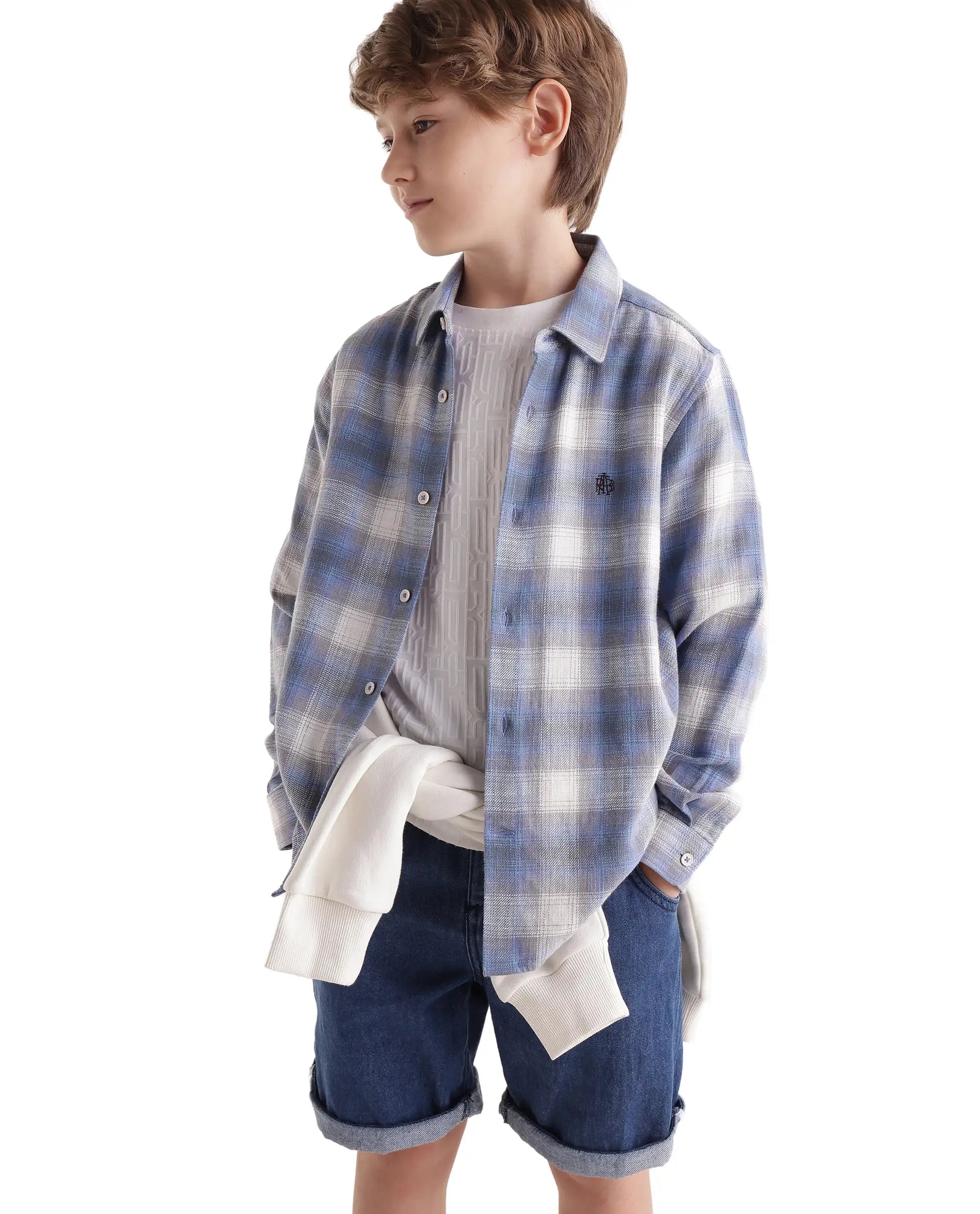 Rare Ones Kids Flan Purple Cotton Blend Fabric Button Closure Regular Fit Checked Shirt