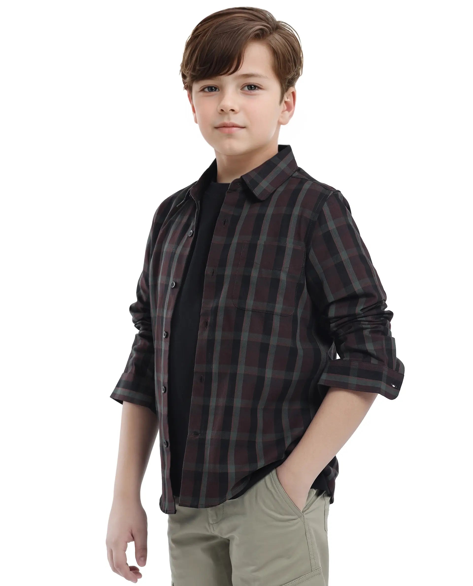 Rare Ones Kids Shilo Brown Cotton Full Sleeve Button Checked Regular Fit Shirt