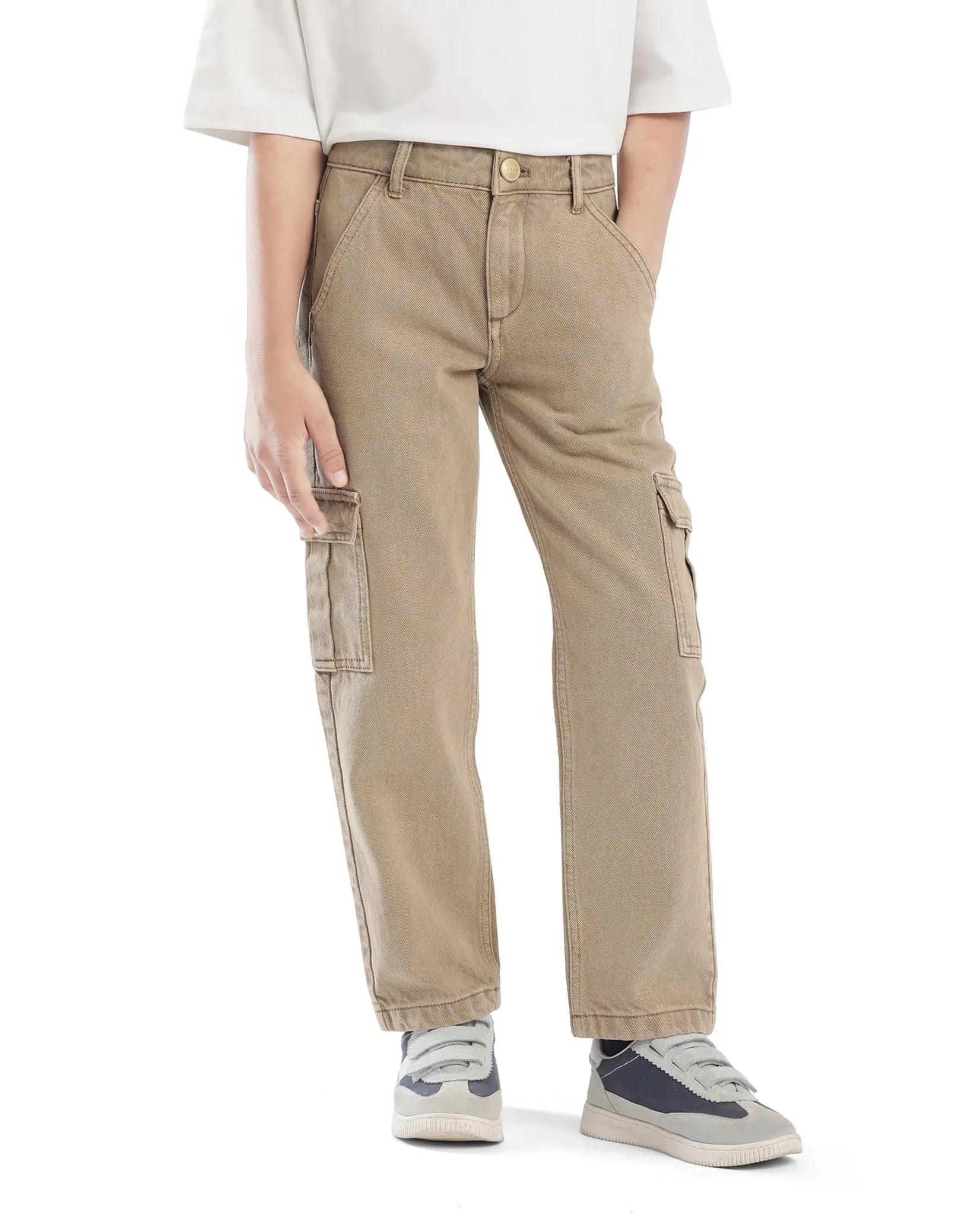 Rare Ones Kids Strait-B Beige Cotton Button And Zipper Closure Plain Loose Fit Jeans