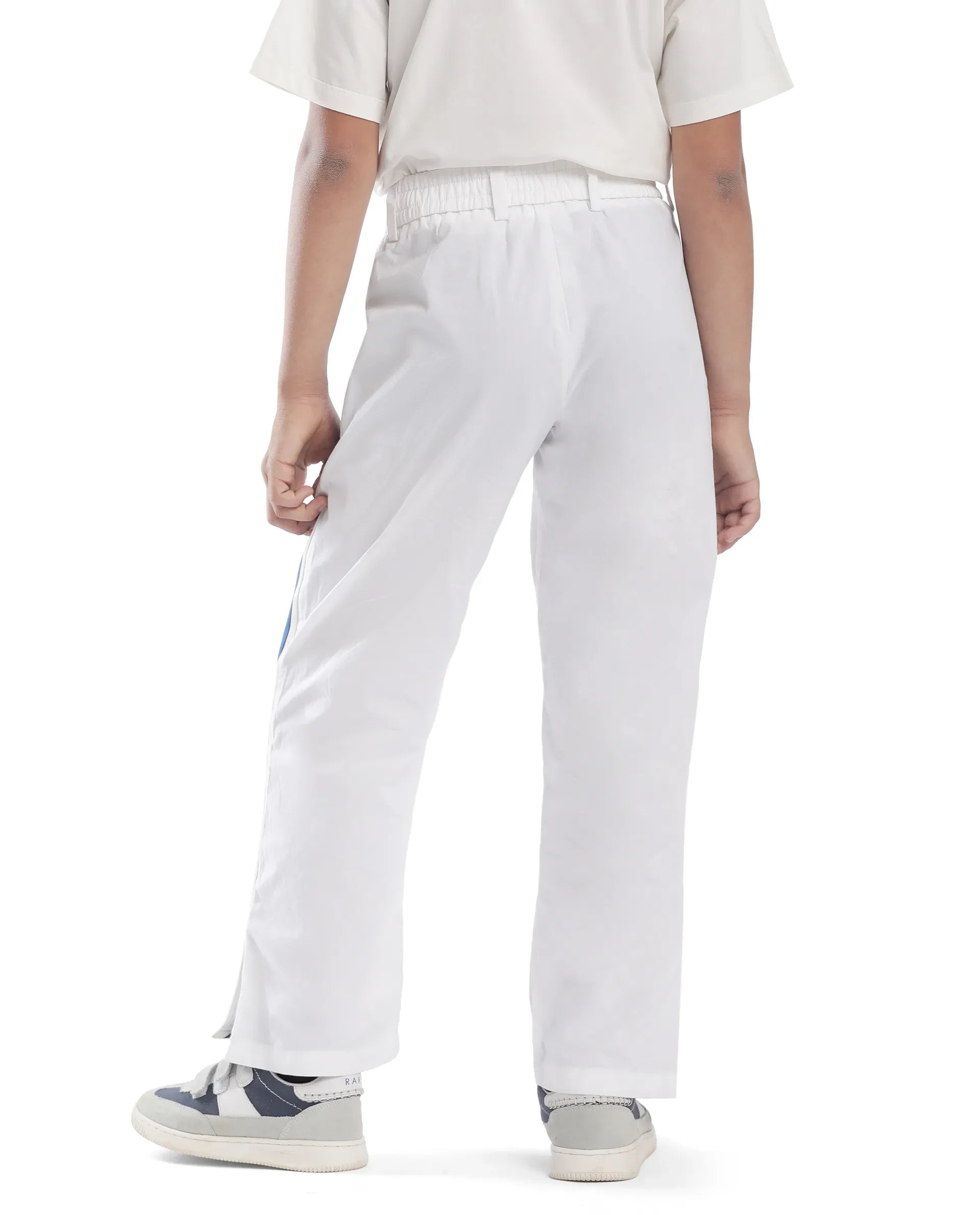 Rare Ones Kids Taper-B White Cotton Tape Detailed Button And Zip Closure Regular Fit Cotton Trouser