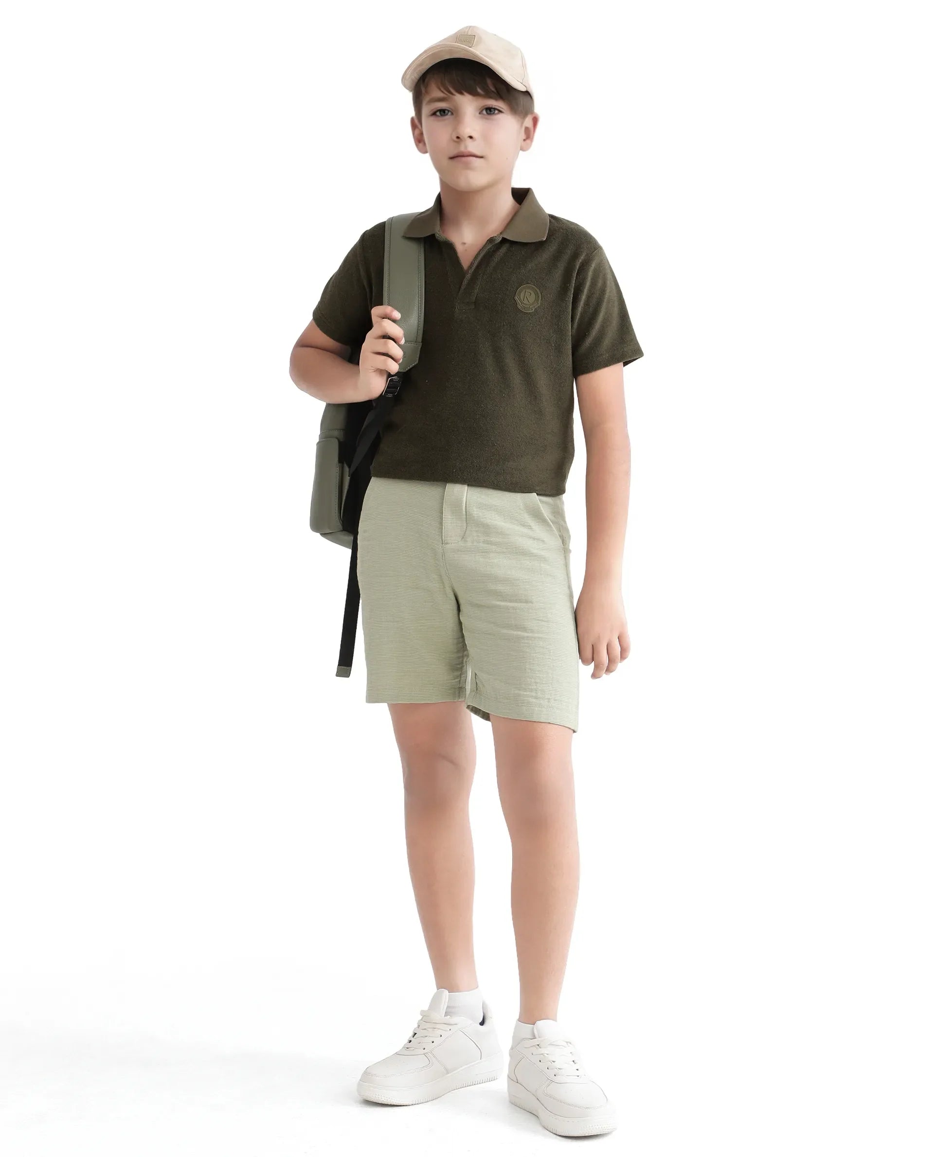 Rare Ones Kids Terry Olive Cotton Poly Short Sleeve Polo Neck Applique Polo