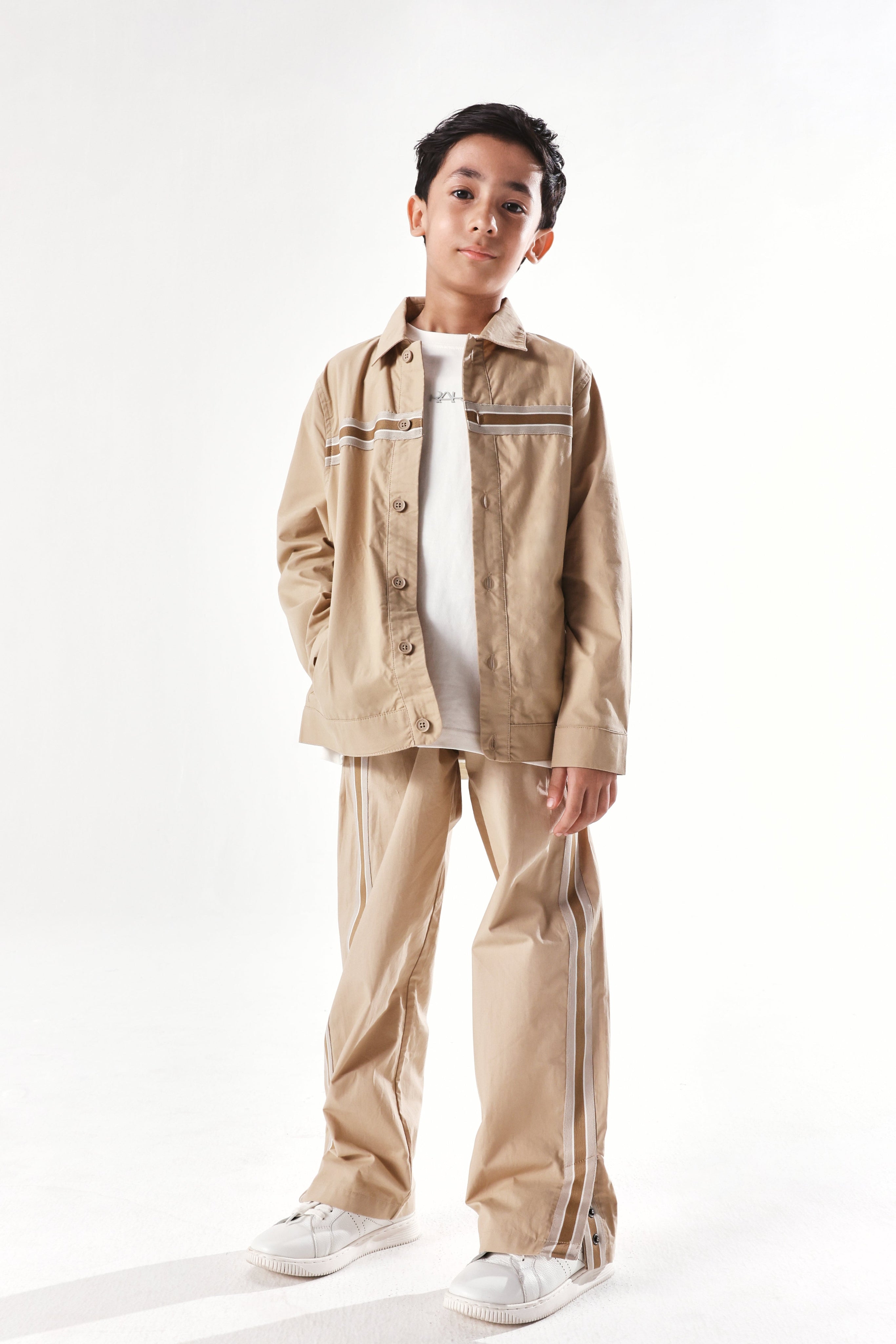 Rare Ones Kids Taper-S Beige Cotton Full Sleeve Button Closure Solid Terron Fit Shacket
