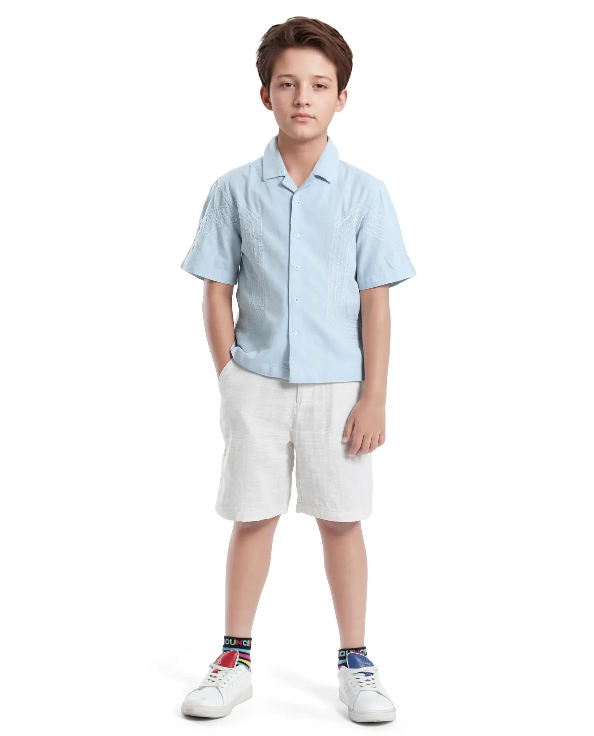 Rare Ones Kids Uno Blue Cotton Blend Half Sleeve Solid Button Closure Regular Fit Shirt