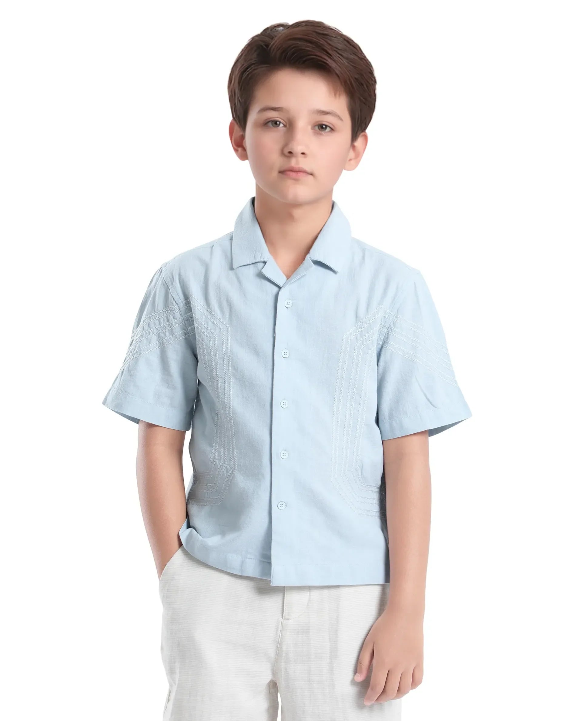 Rare Ones Kids Uno Blue Cotton Blend Half Sleeve Solid Button Closure Regular Fit Shirt