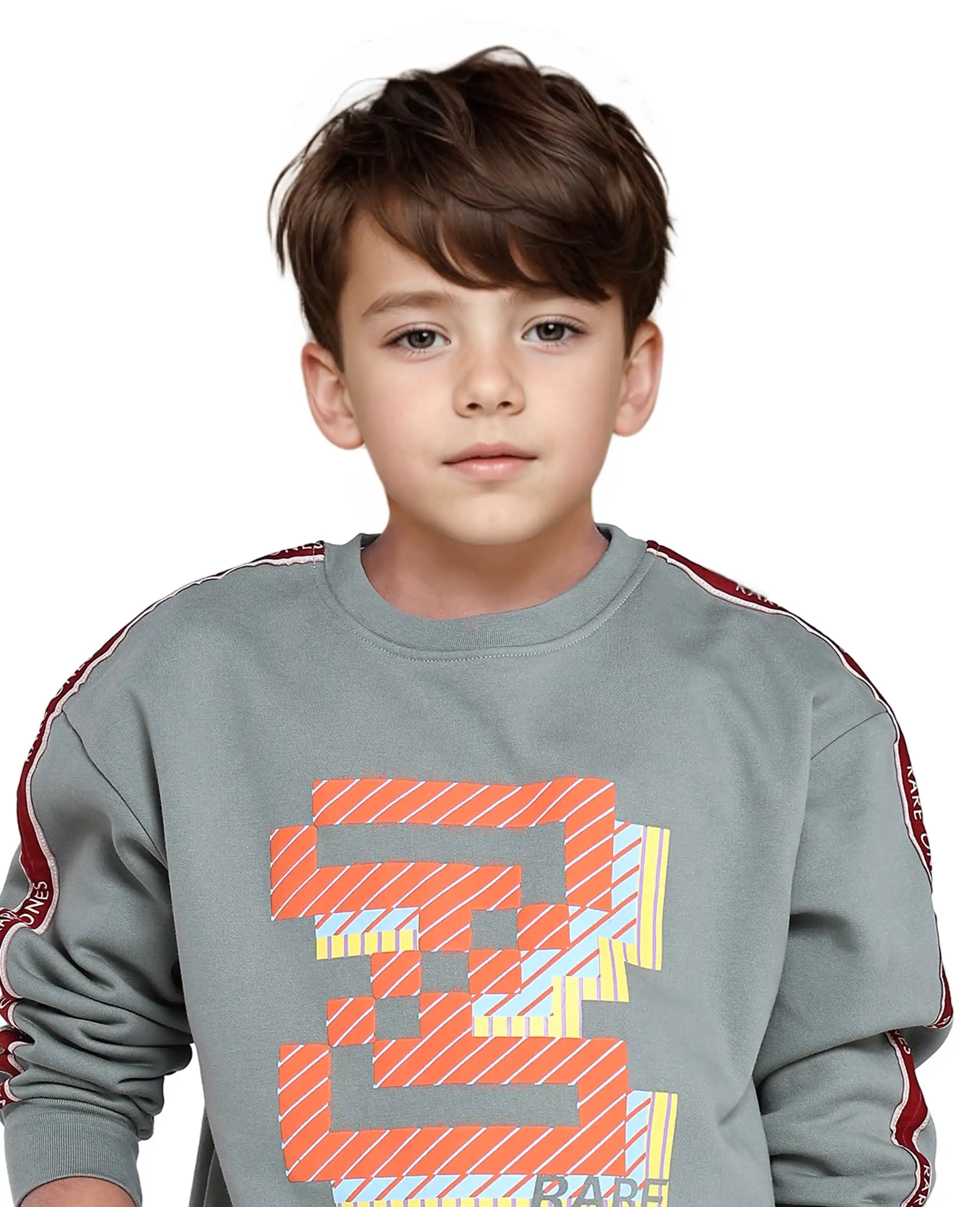 Rare Ones Kids Zet Dusky Green Cotton Poly Full Sleeve Puff Print Sweatshirt