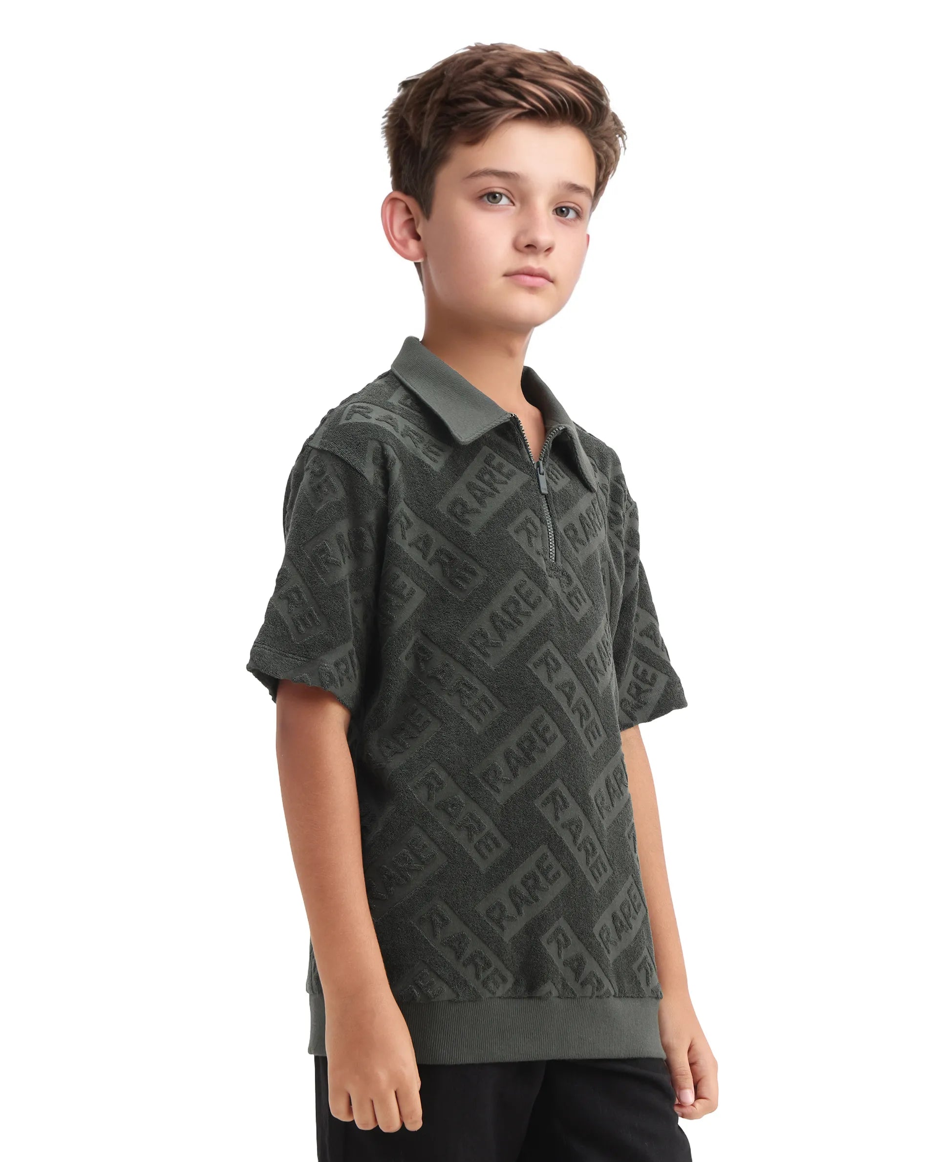 Rare Ones Kids Zilo Olive Cotton Zipper All Over Print Regular Fit Polo