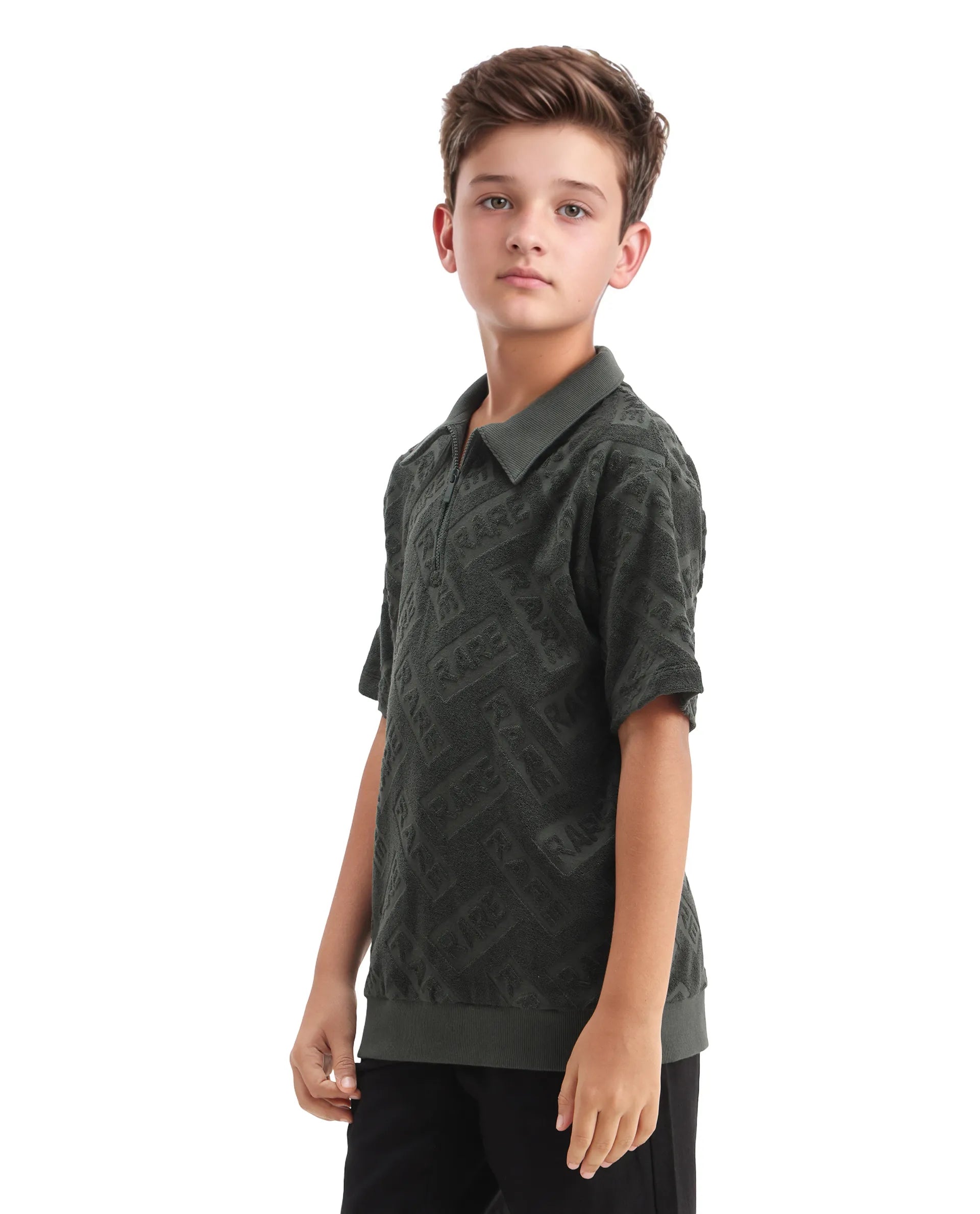 Rare Ones Kids Zilo Olive Cotton Zipper All Over Print Regular Fit Polo