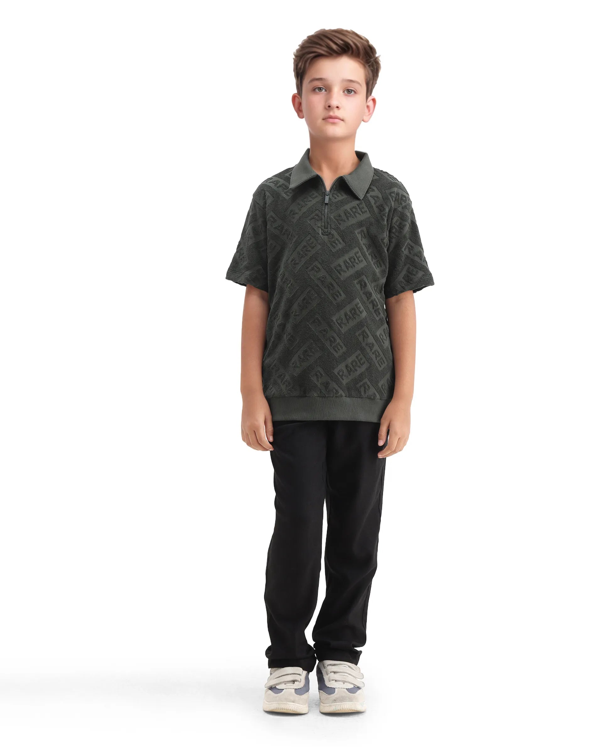 Rare Ones Kids Zilo Olive Cotton Zipper All Over Print Regular Fit Polo