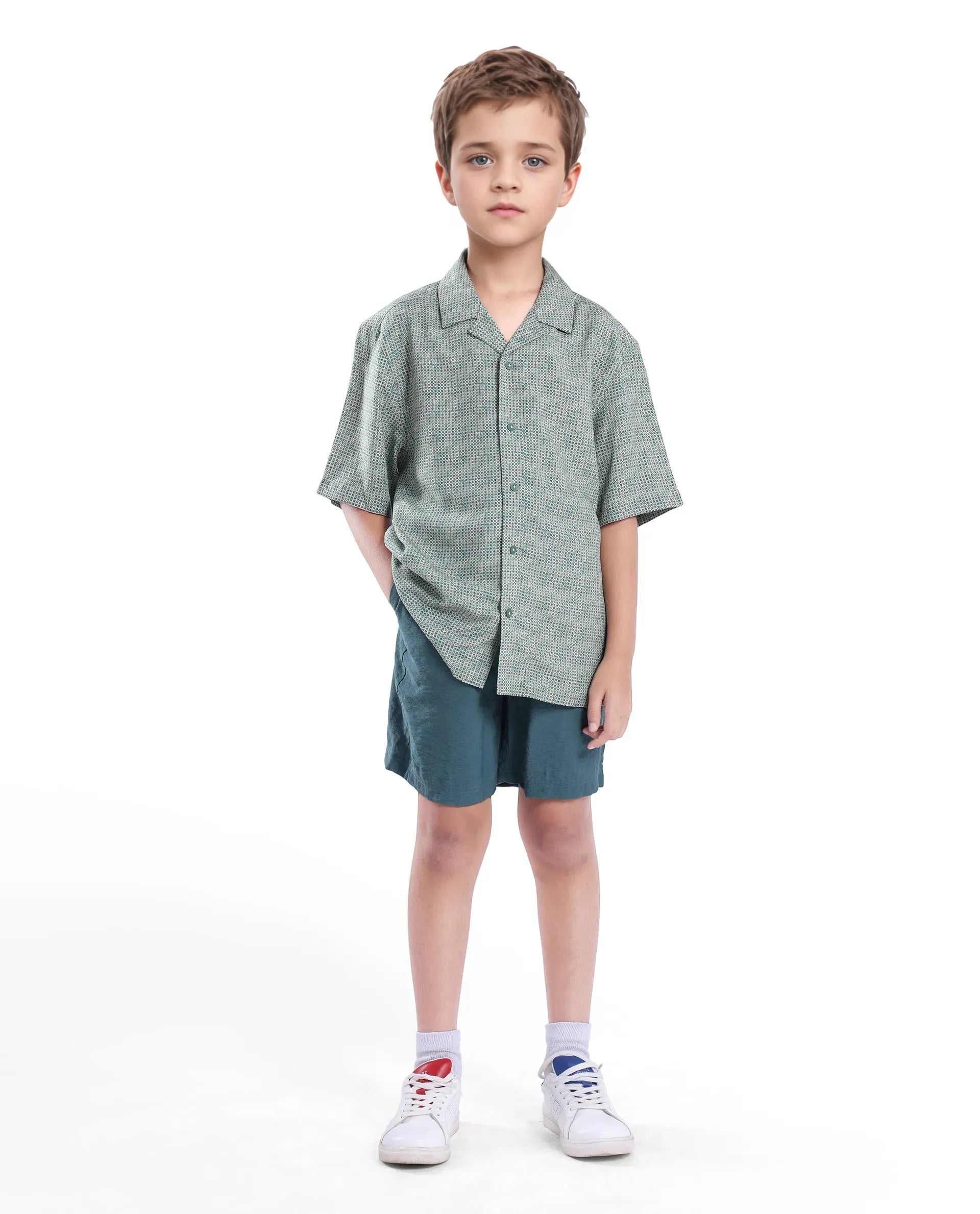 Rare Ones Kids Zyro Green Viscose Rayon Half Sleeve Button Printed Regular Fit Shirt