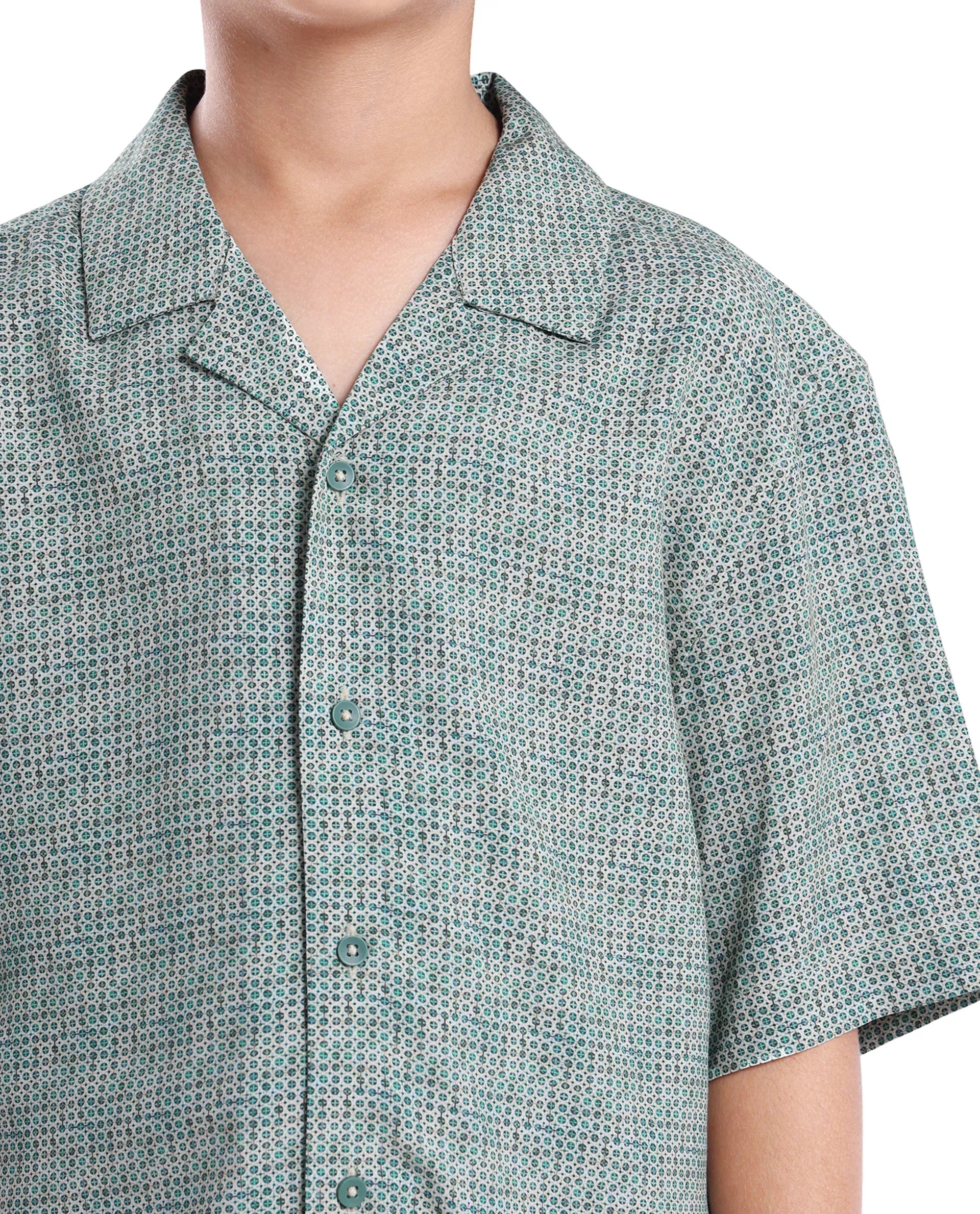 Rare Ones Kids Zyro Green Viscose Rayon Half Sleeve Button Printed Regular Fit Shirt
