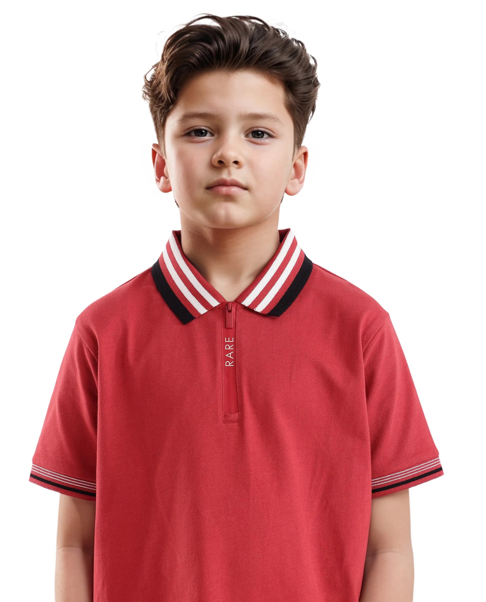 Rare Ones Kids Zyto Red Cotton Half Sleeves Contrasting Regular Collar Zipper Closure Solid Polo