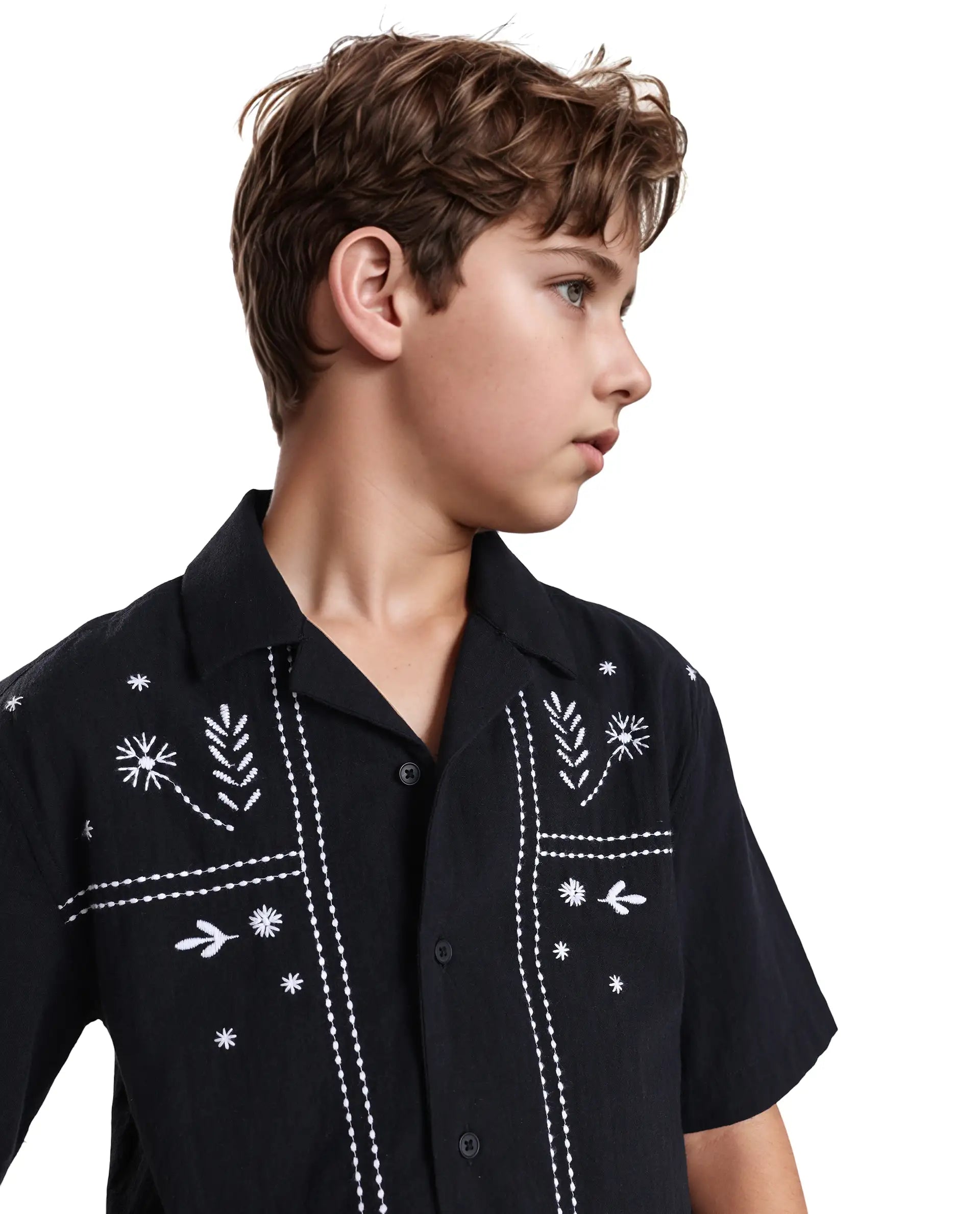 Rare Ones Kids Foke Black Cotton Blend Embroidered Button Closure Regular Fit Shirt